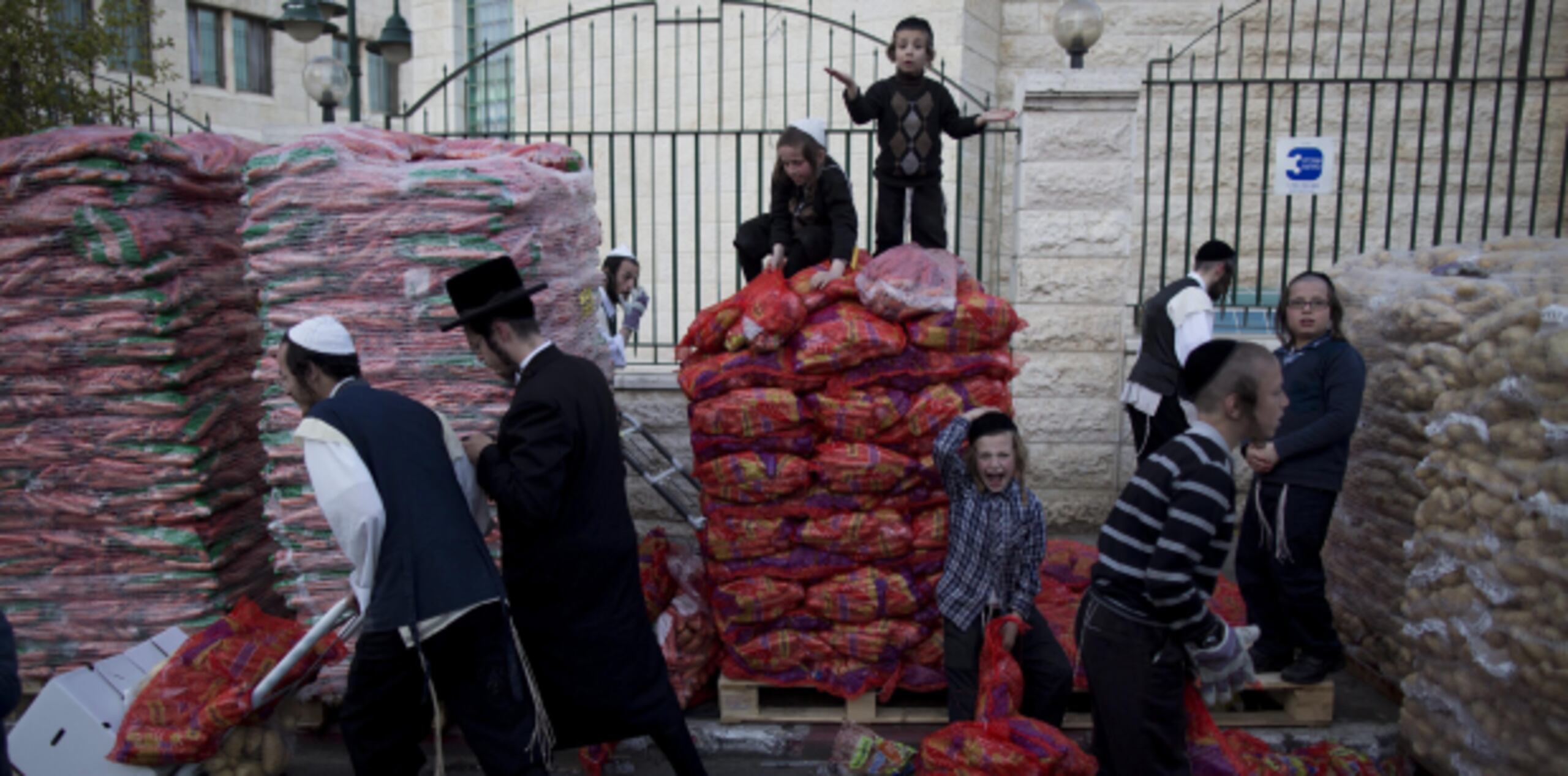 Varios judíos ultraortodoxos cargan sacos de patatas durante un evento de reparto de comida de organizaciones solidarias, con motivo de los preparativos de la Pascua Judía. (EFE)