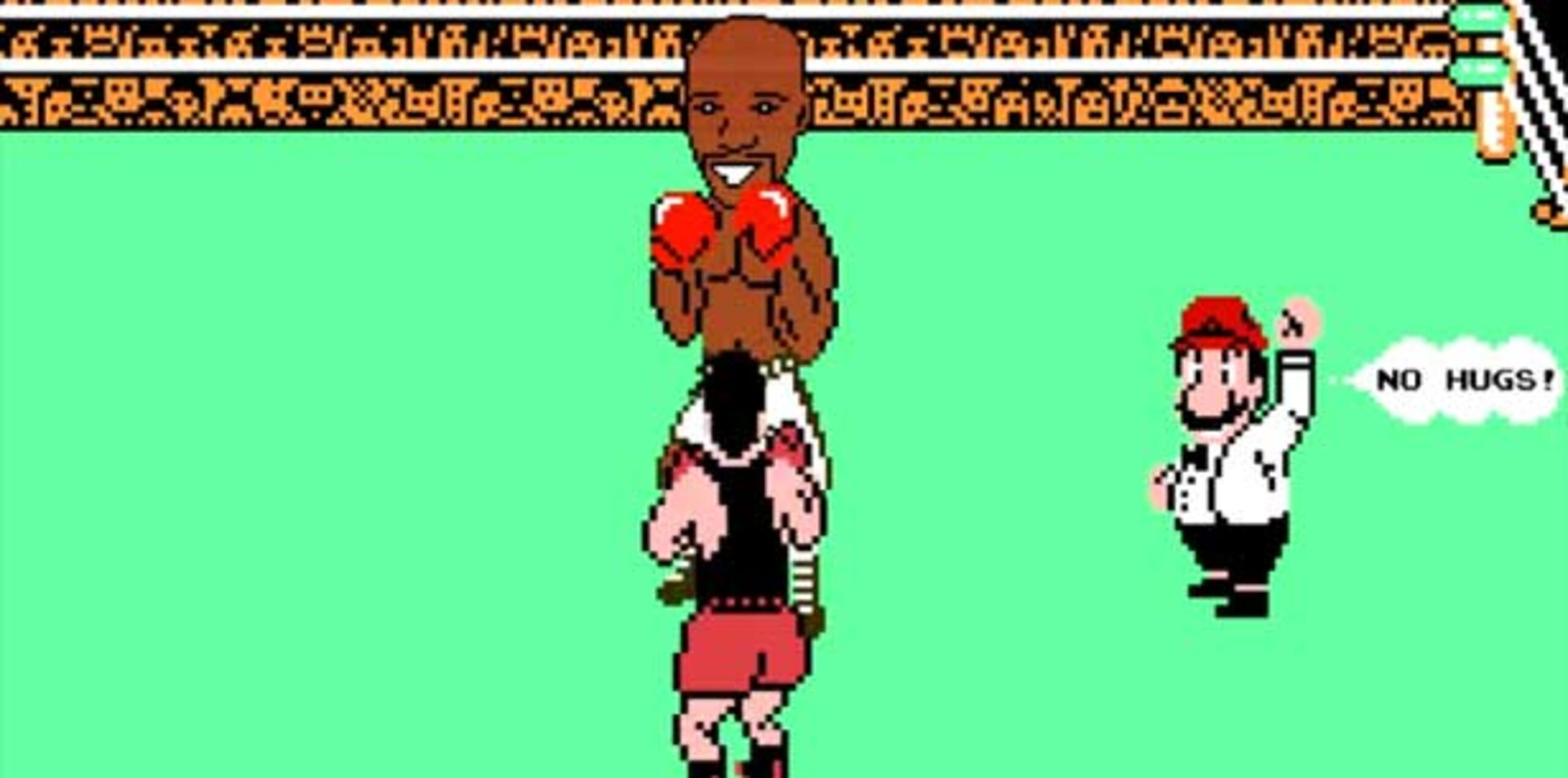 Una vez inicia la pelea en el juego, Mayweather se dedica a abrazar al Little Pac, quien hace todos lo posible por conectar golpes. (Captura/YouTube)