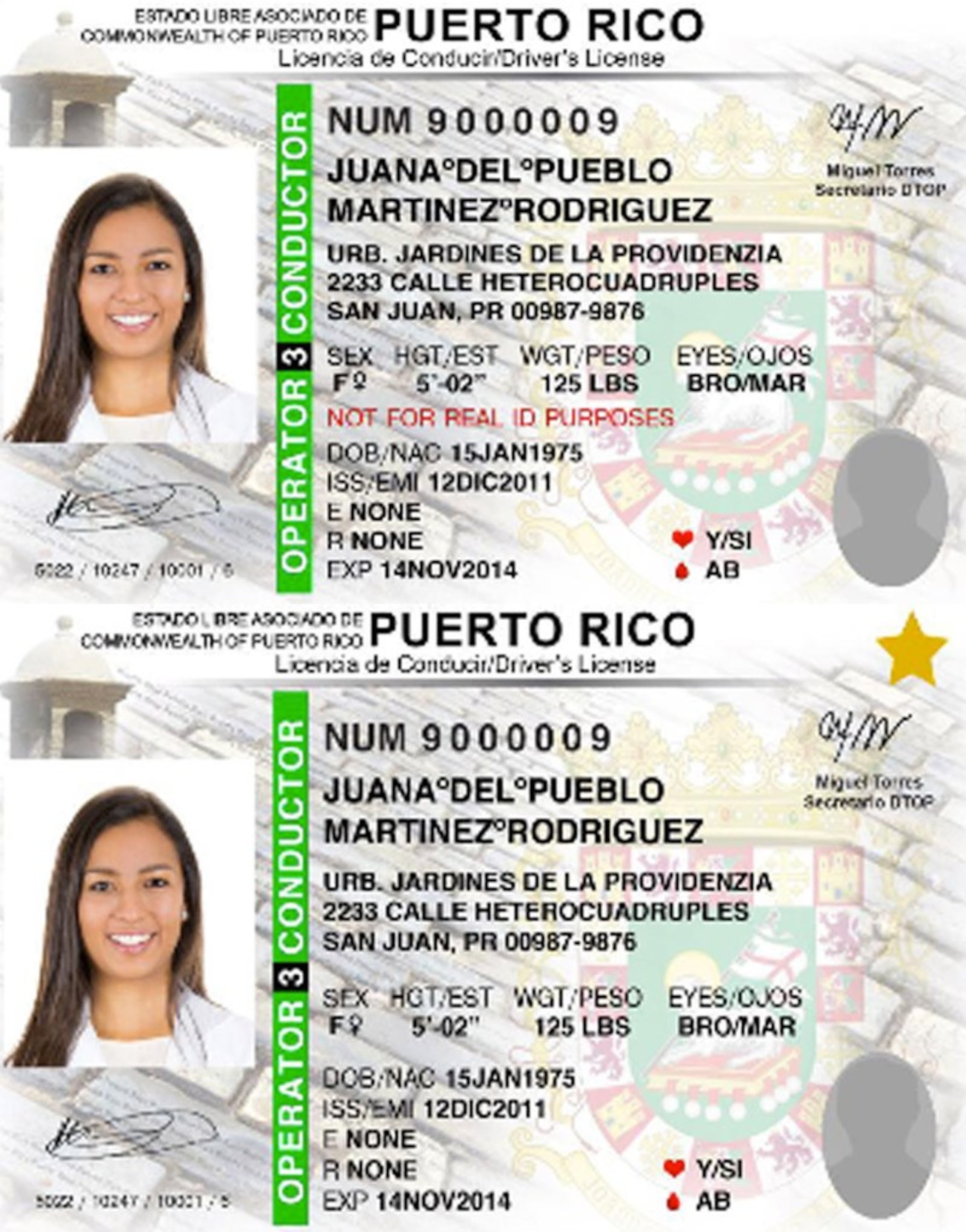 La licencia de conducir con el formato Real ID muestra una estrella dorada en la esquina superior derecha, mientras que la que no lo posee lee "NOT FOR REAL ID PURPOSES" en color rojo. (DTOP)