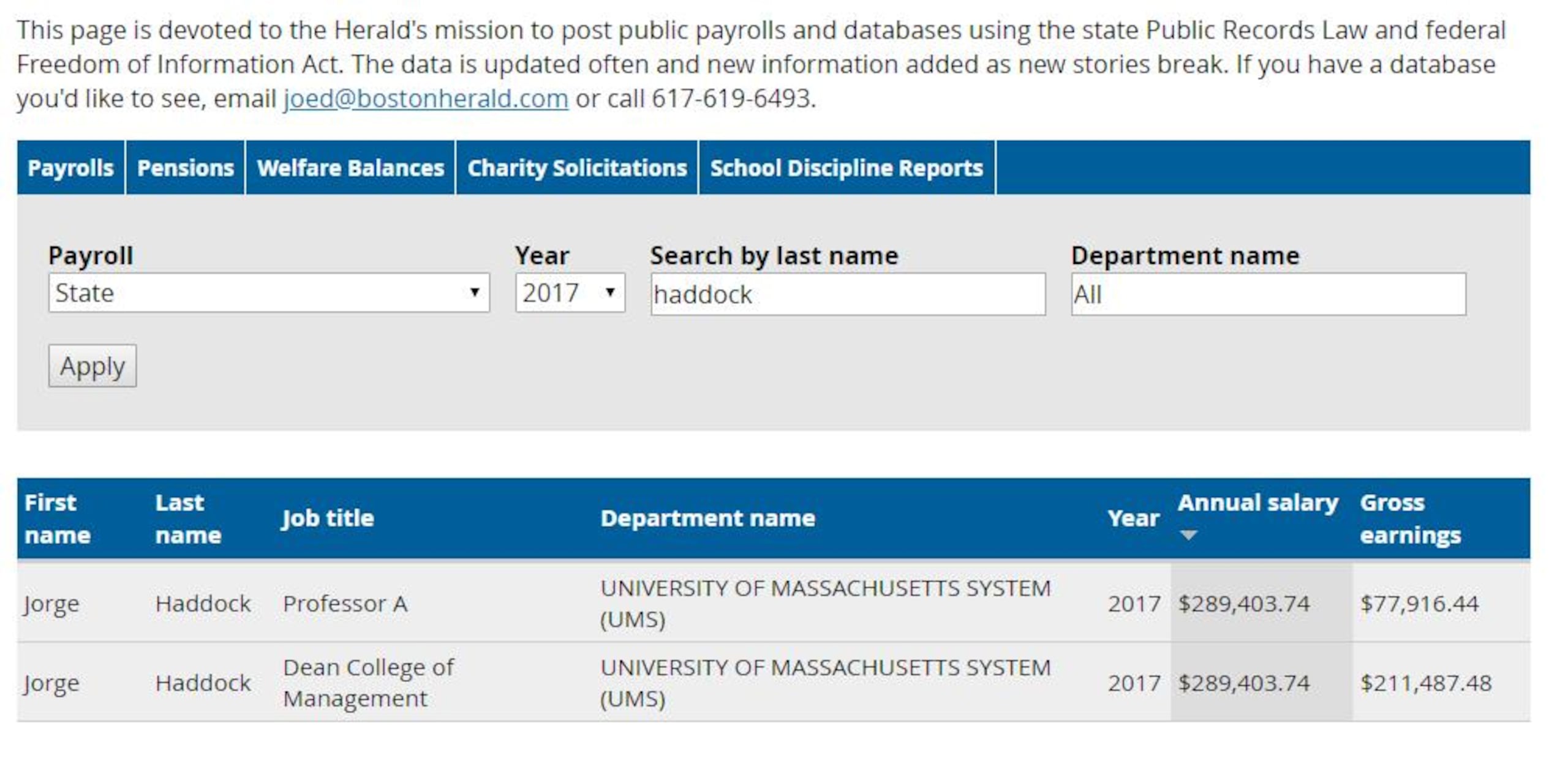 Salario de Haddock Acevedo en la Universidad de Massachusetts , según Boston Herald. 