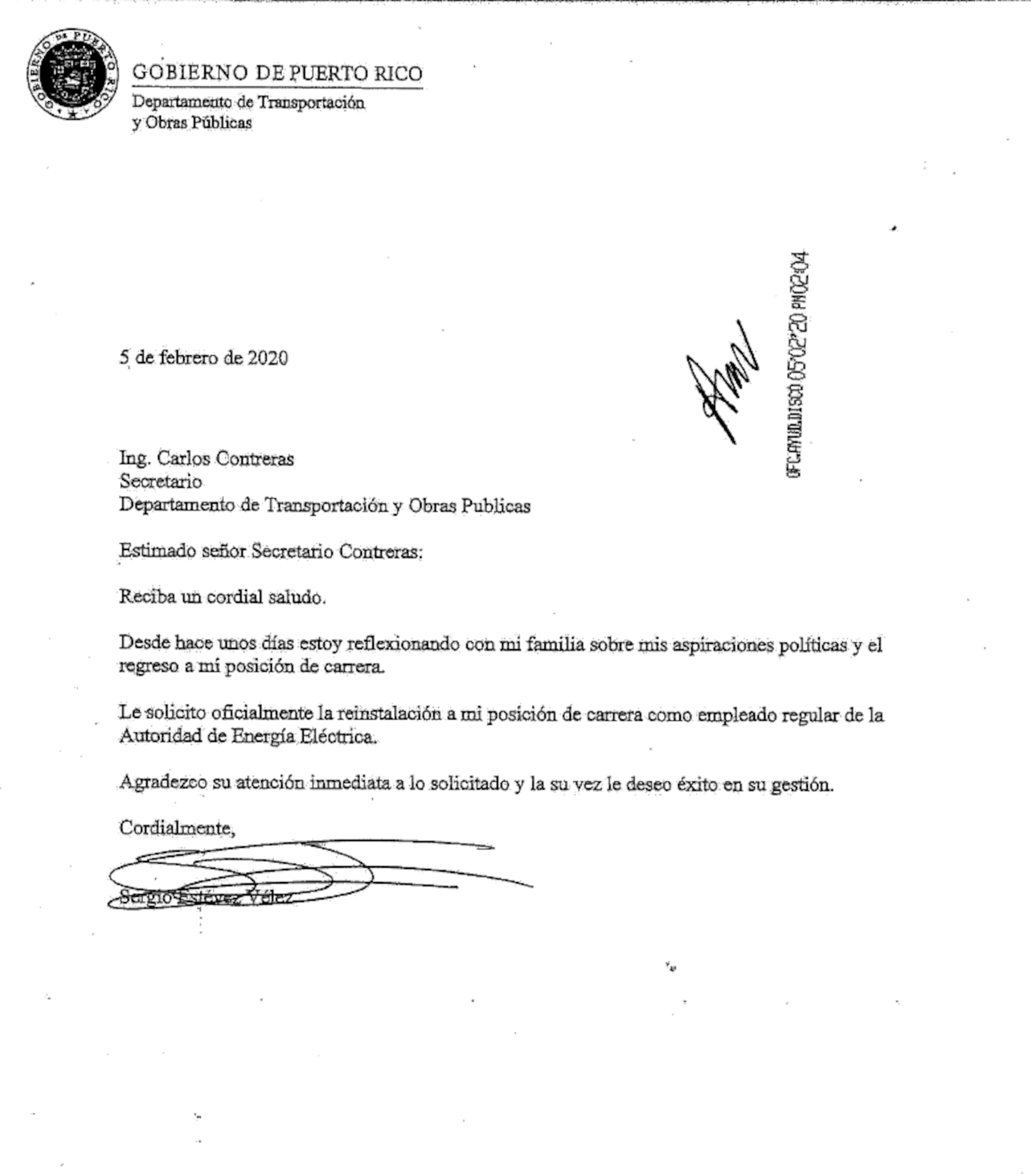 Carta de renuncia de Jorge Estévez.