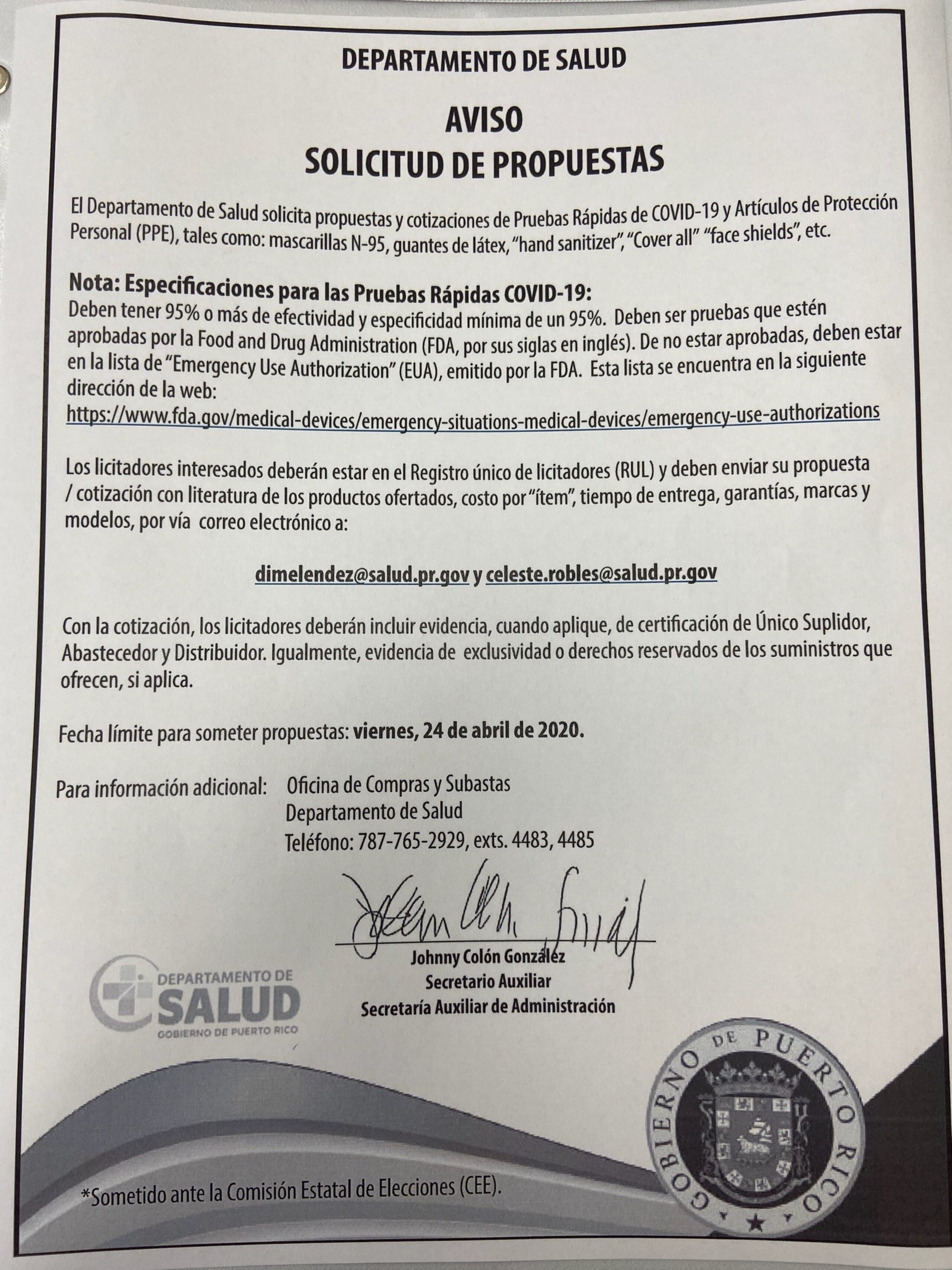 Aviso publicado por el Departamento de Salud.