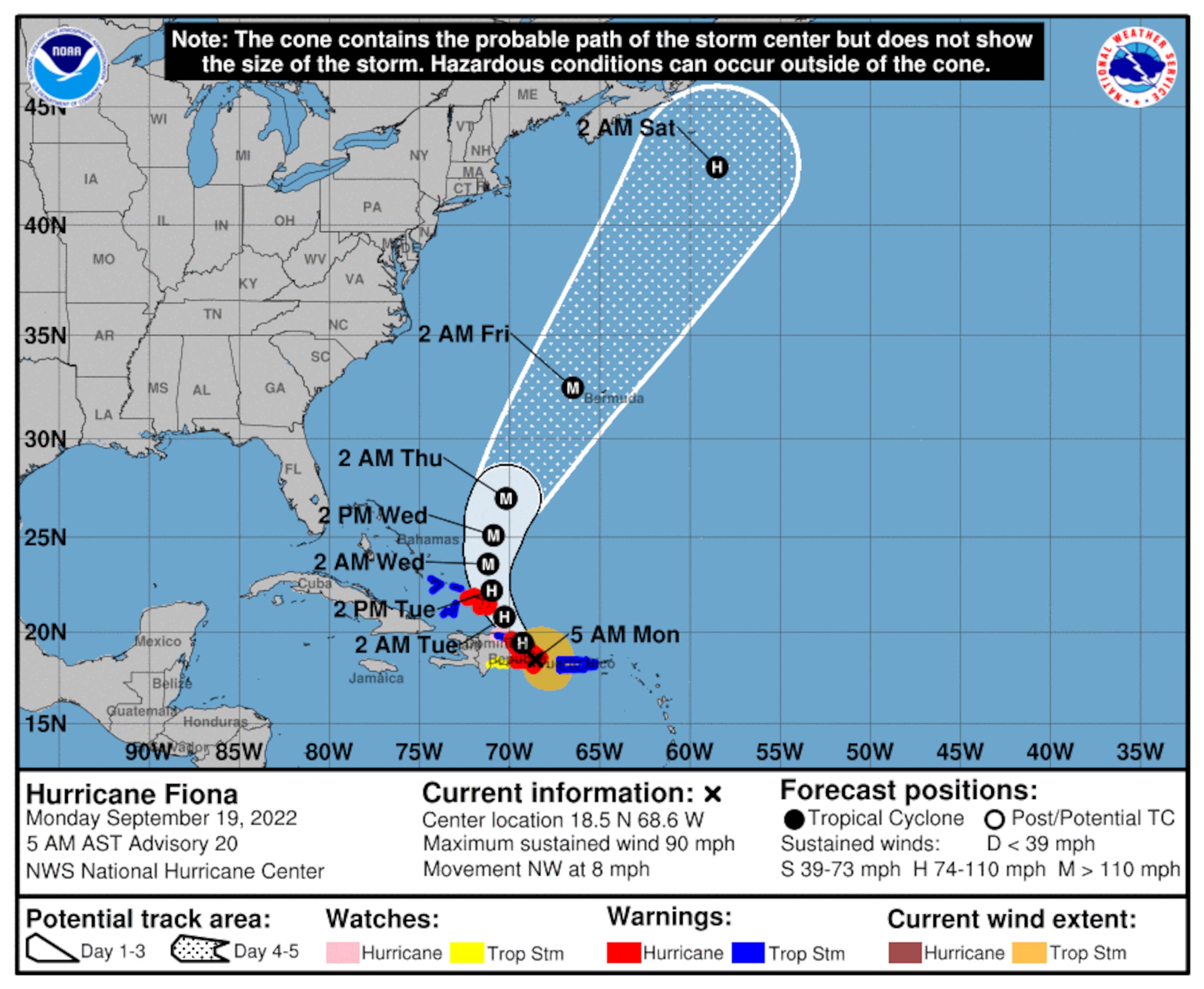 Pronóstico del huracán Fiona emitido a las 5:00 de la mañana del 19 de septiembre de 2022.