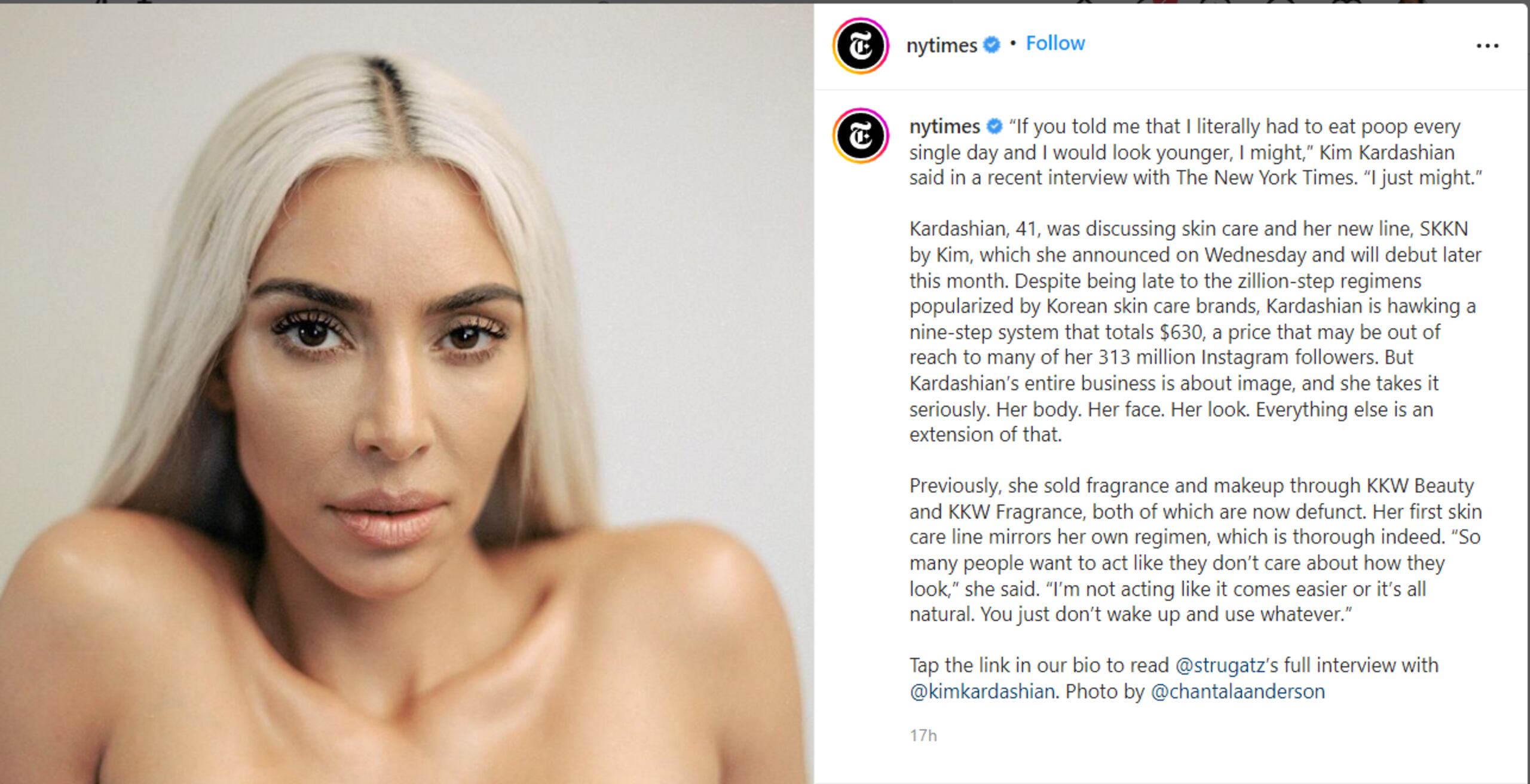 Captura de la publicación del New York TImes en Instagram sobre la entrevista con Kim Kardashian