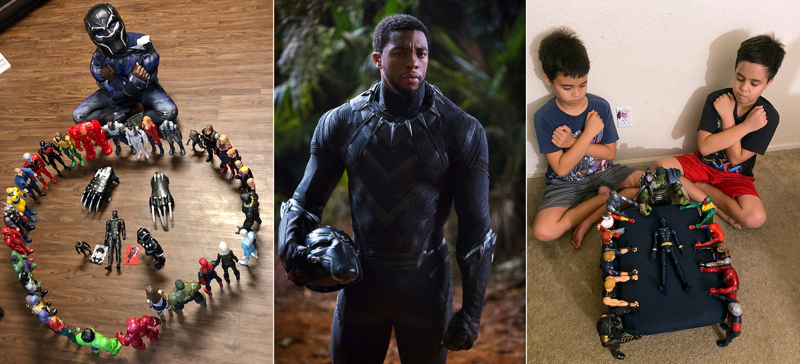 Esta combinación de fotografías muestra a Gavyn Batiste, de 7 años, vestido como Black Panther y rodeado de figuras de acción en Lafayette, Luisiana; y los mellizos de 10 años Lenny y Bobby Homes quienes rindieron homenaje a Boseman en su casa en Mesa, Arizona.