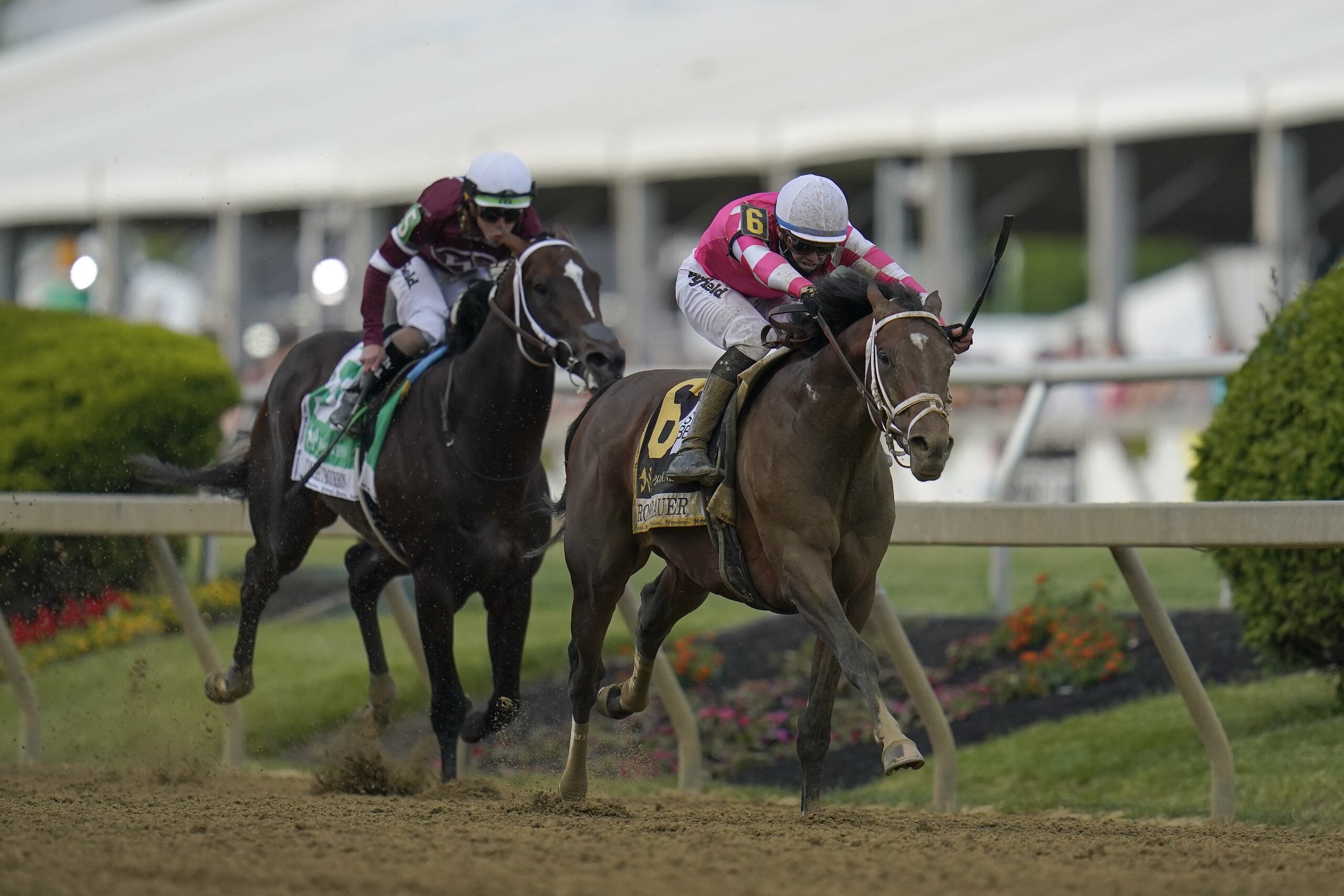 Rombauer, en la delantera, será montado por John Velázquez en el Belmont Stakes.