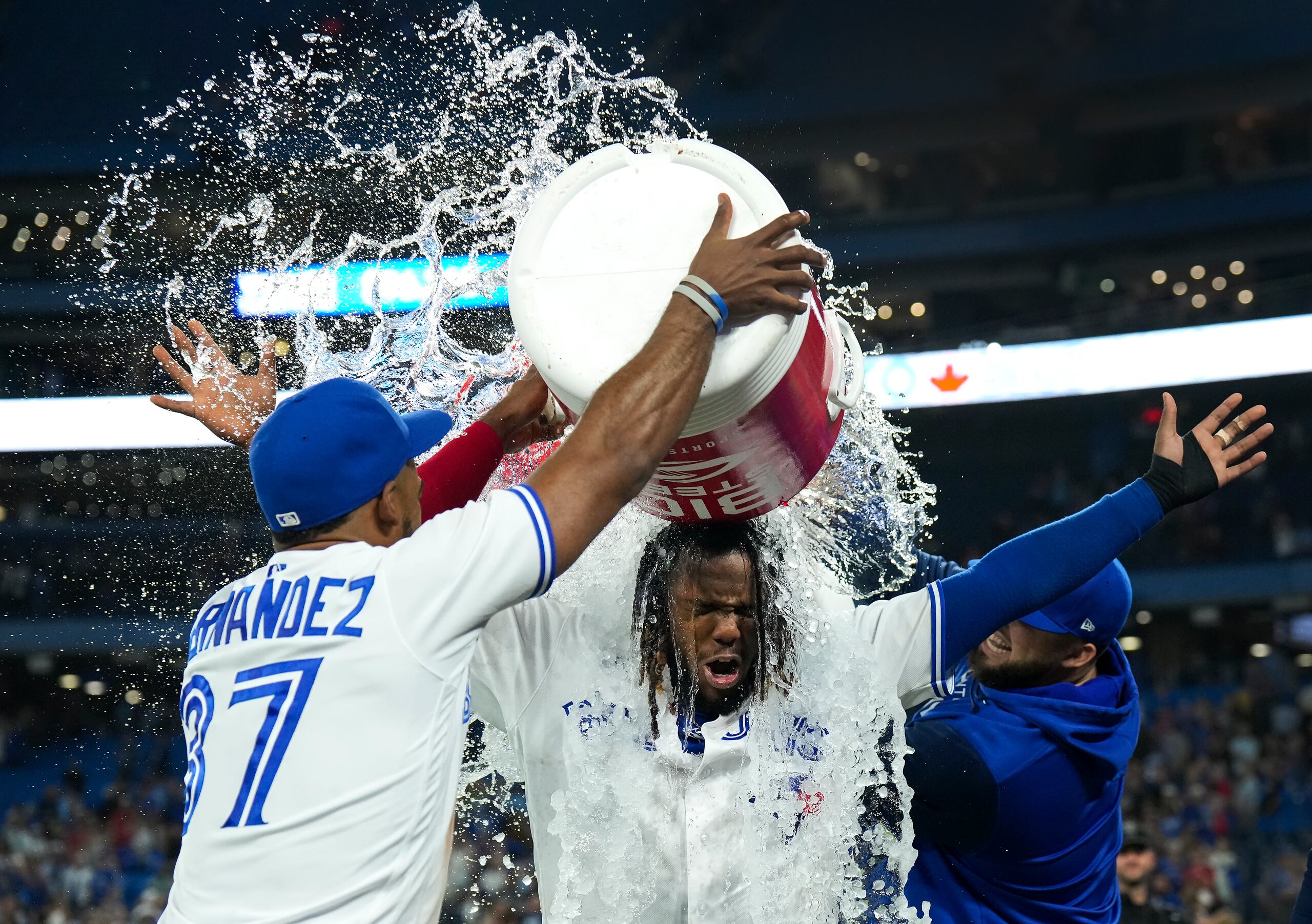 El dominicano Vladimir Guerrero Jr., de los Azulejos de Toronto, es empapado por su compatriota Teoscar Hernández, tras empujar una carrera que le dio a su equipo un triunfo sobre los Orioles de Baltimore. El equipo de Toronto siempre juega con esmero y alegría.