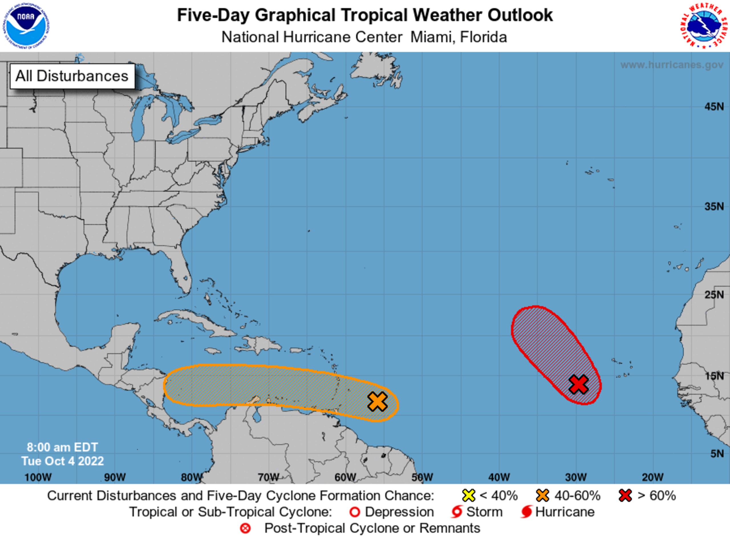 Dos ondas tropicales con potencial de desarrollo ciclónico. (NOAA)