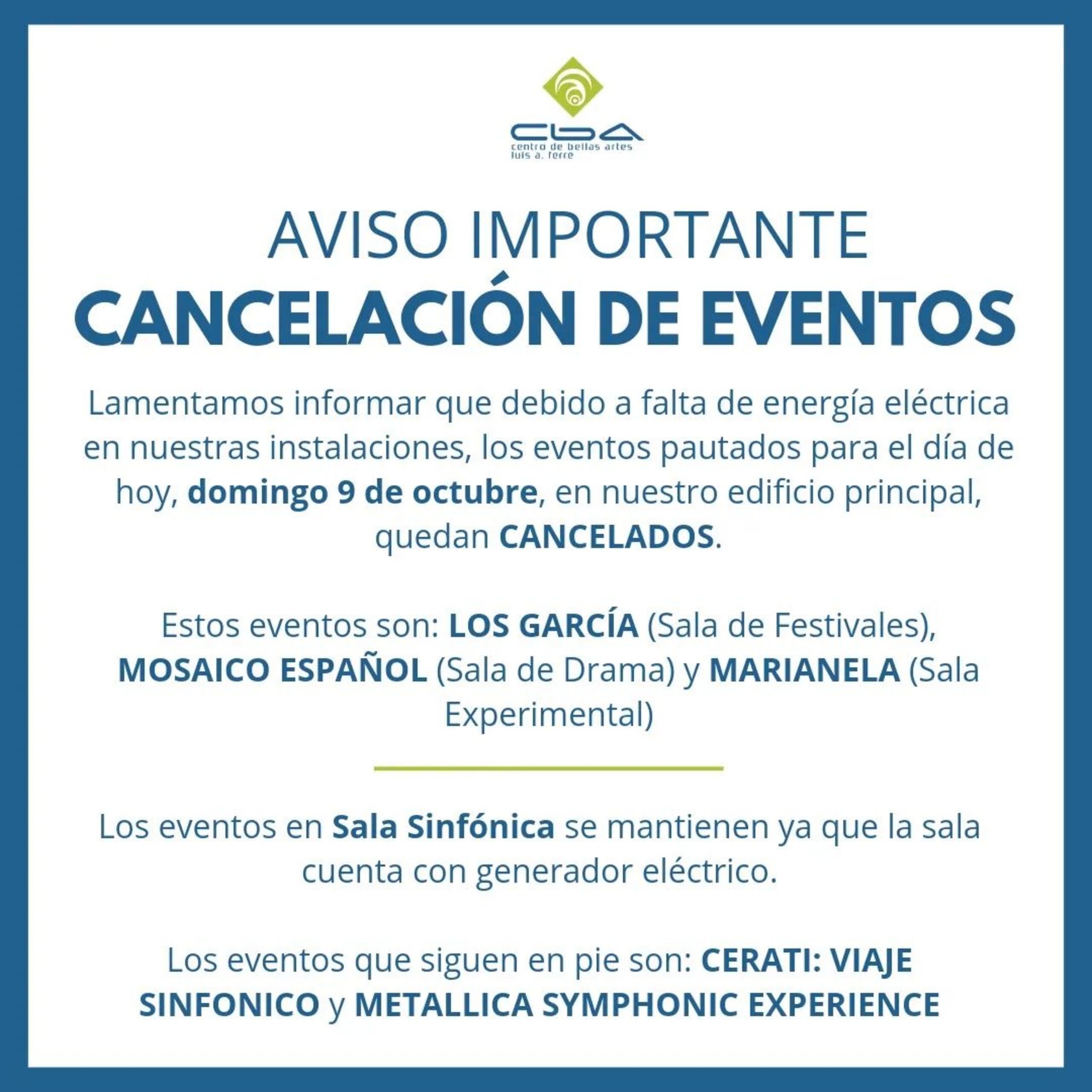 Anuncio de cancelación por parte de Bellas Artes en Santurce.