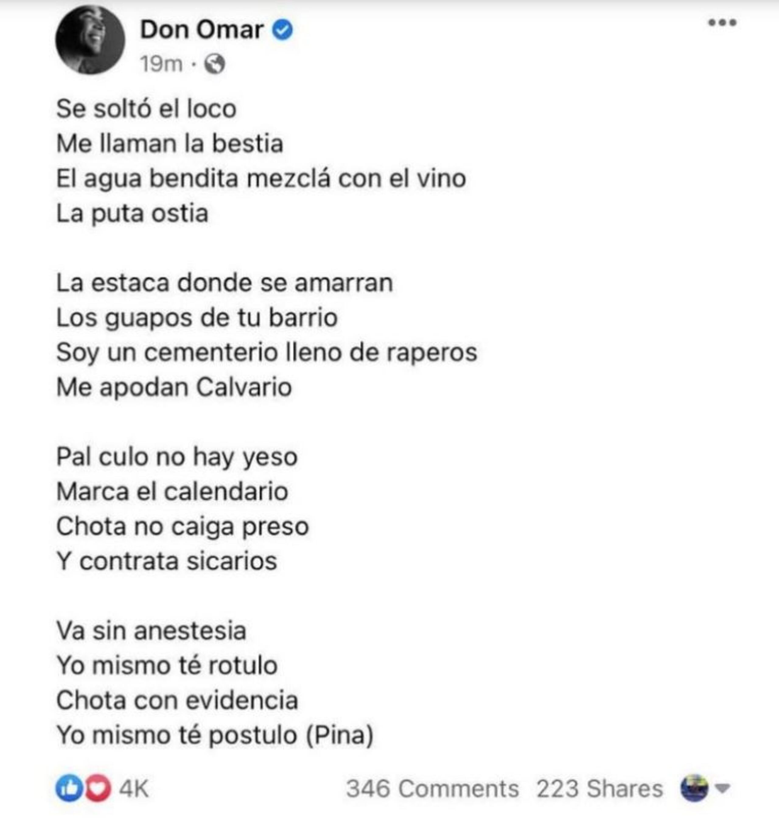 Don Omar eliminó de su cuenta de Facebook el post que publicó el 8 de marzo.