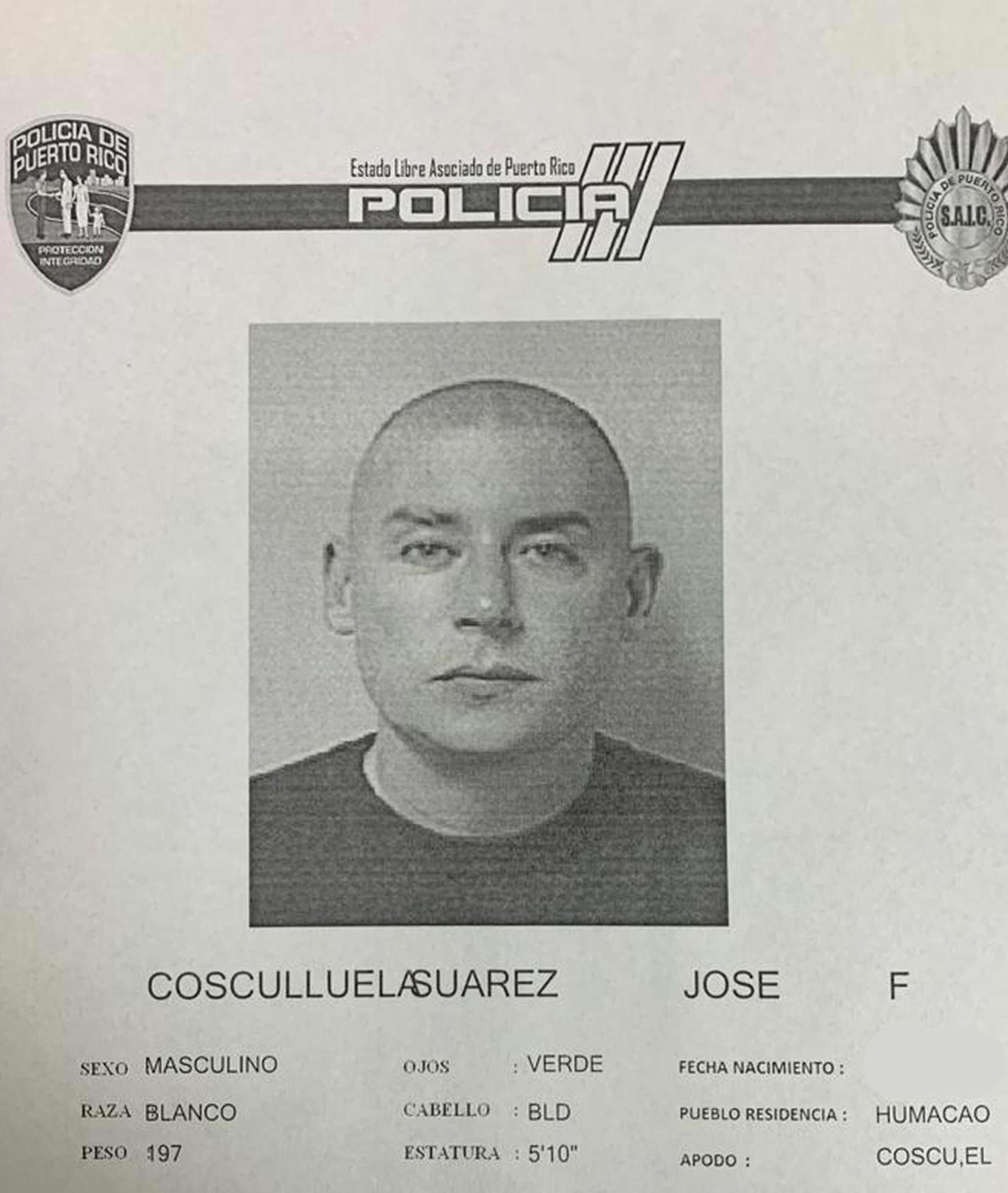 Ficha de José Fernando Cosculluela Suárez suministrada por el Negociado de la Policía.