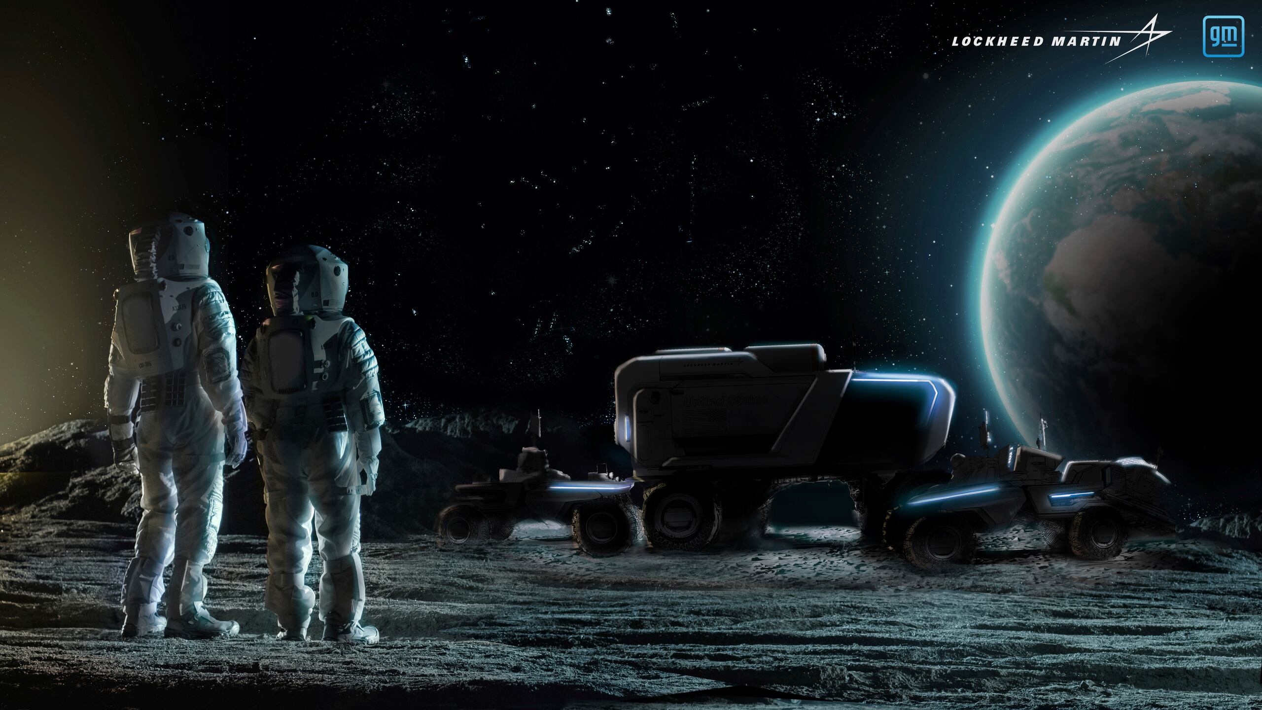 Esta ilustración facilitada por General Motors y Lockheed Martin en mayo de 2021 muestra a astronautas y conceptos de vehículos eléctricos todo terreno que recorrerán la superficie de la Luna.