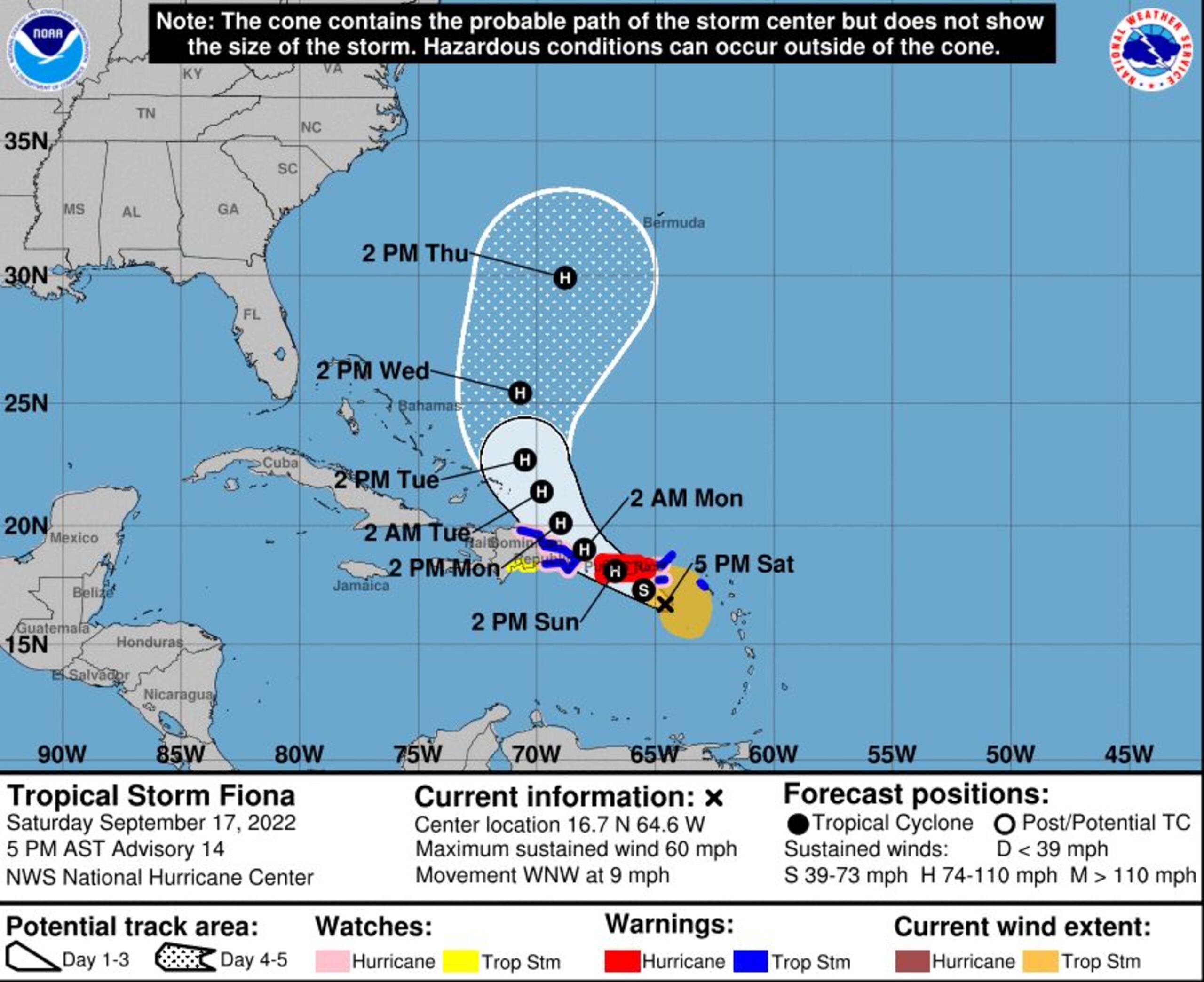 La imagen muestra la trayectoria proyectada de la tormenta Fiona basado en los datos del boletín de las 5:00 de la tarde.