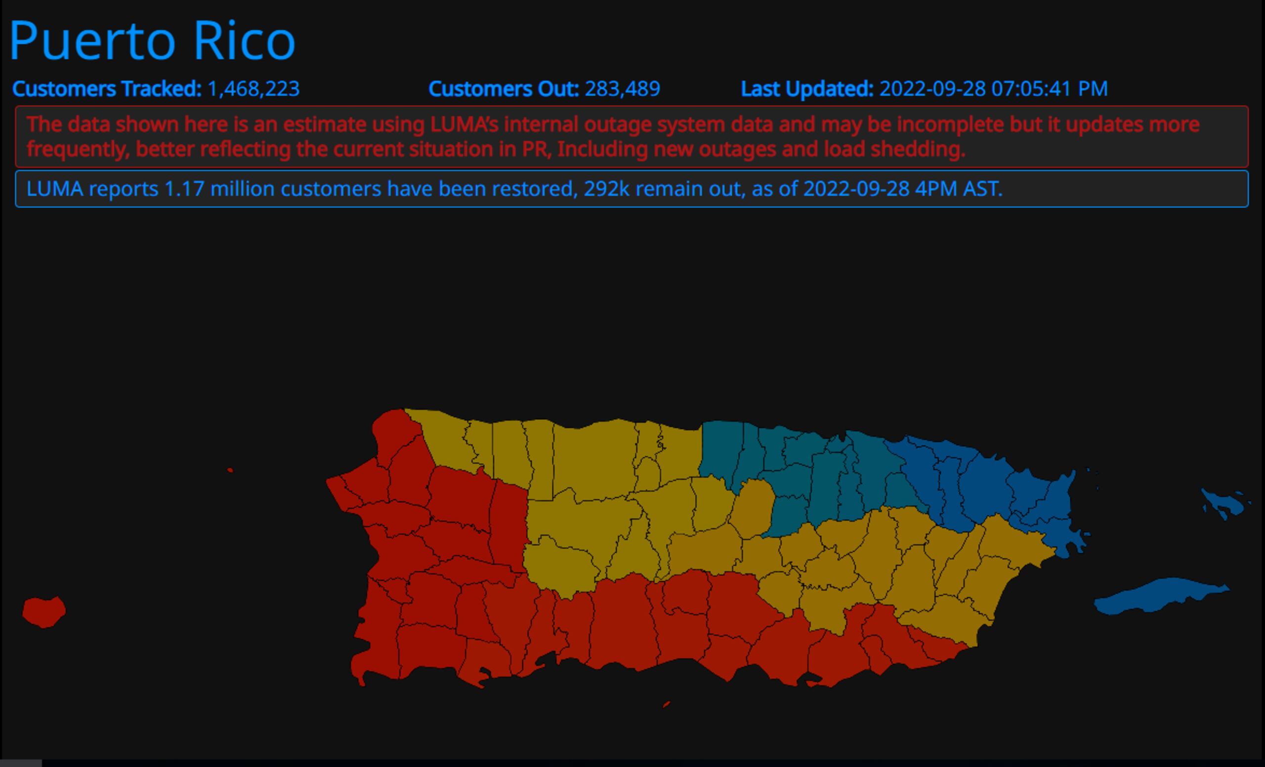 Abonados sin energía eléctrica en Puerto Rico, según la plataforma PowerOutages.us