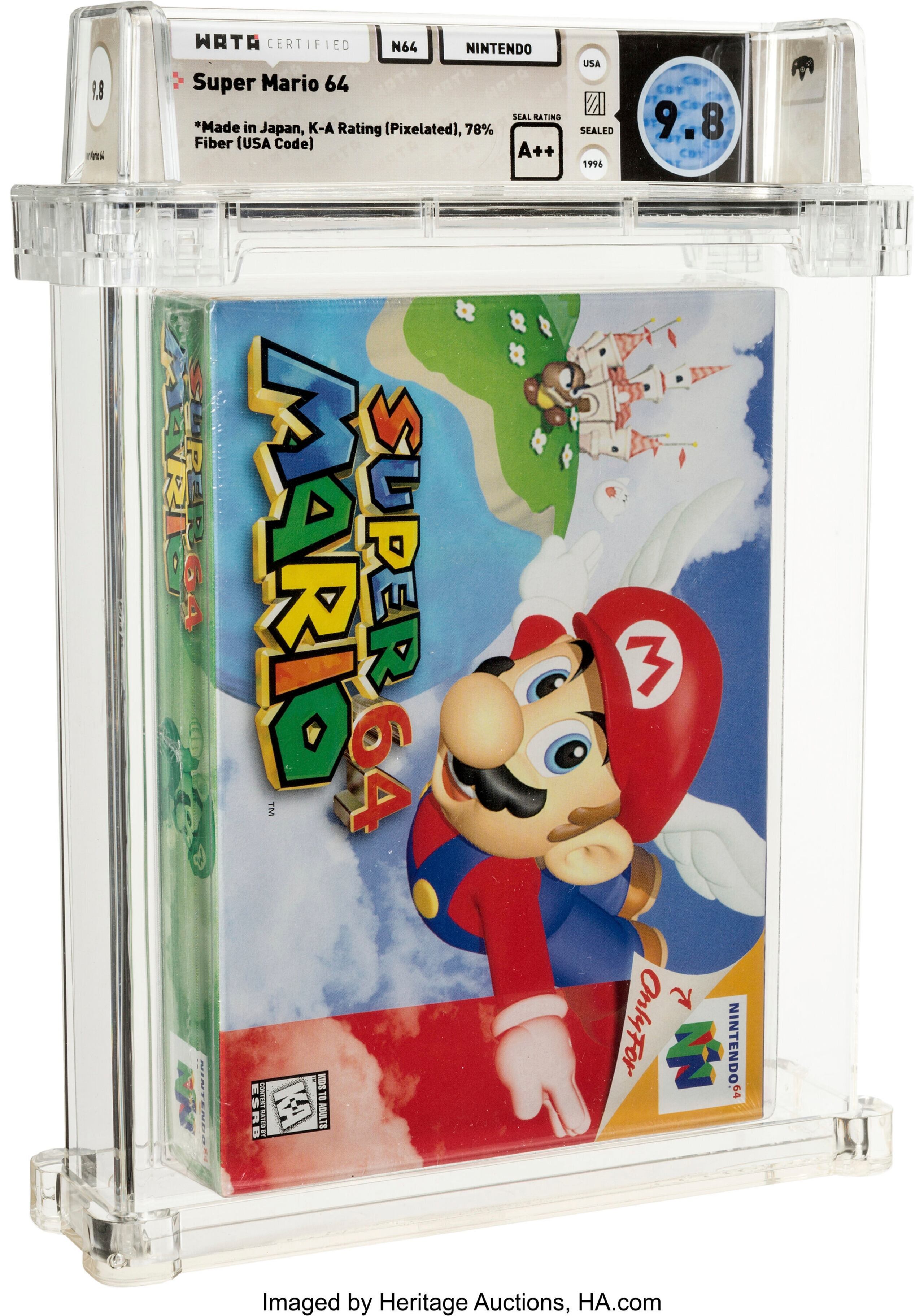 En esta imagen cortesía de Heritage Auctions se muestra una copia sin abrir del juego Super Mario 64 de Nintendo, la cual fue subastada en $1.56 millones.