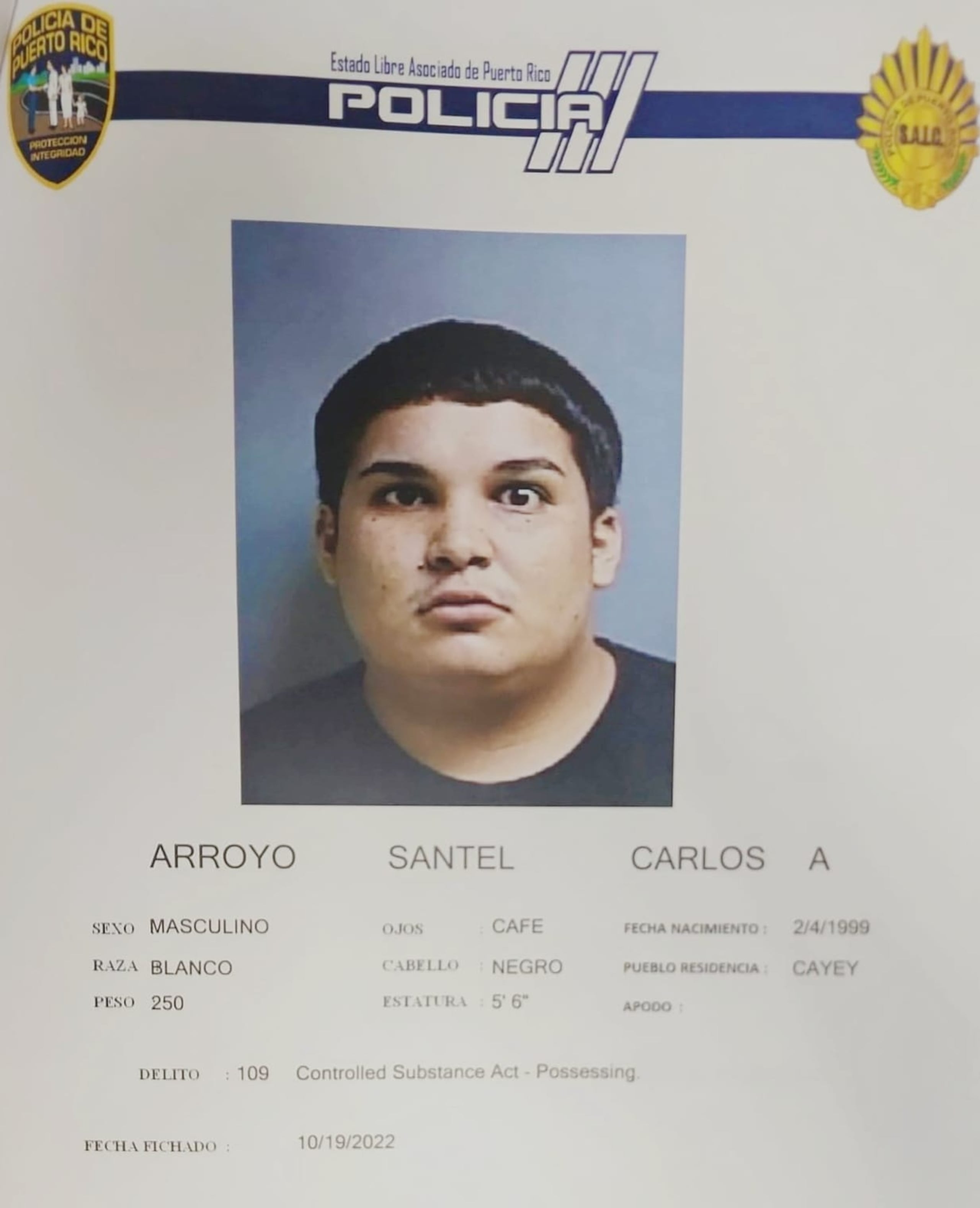 Carlos A. Arroyo Santel, alias Rata, quien se alega que está a cargo de la venta de sustancias controladas en el residencial Jardines de Montellanos, en Caye, es buscado por las autoridades por un crimen ocurrido el año pasado en Cayey, por el que se radicaron cargos en ausencia. Se solicitó la ayuda de la ciudadanía para su captura. Para confidencias puede llamar al (787) 343-2020 y se advirtió que es peligroso. 