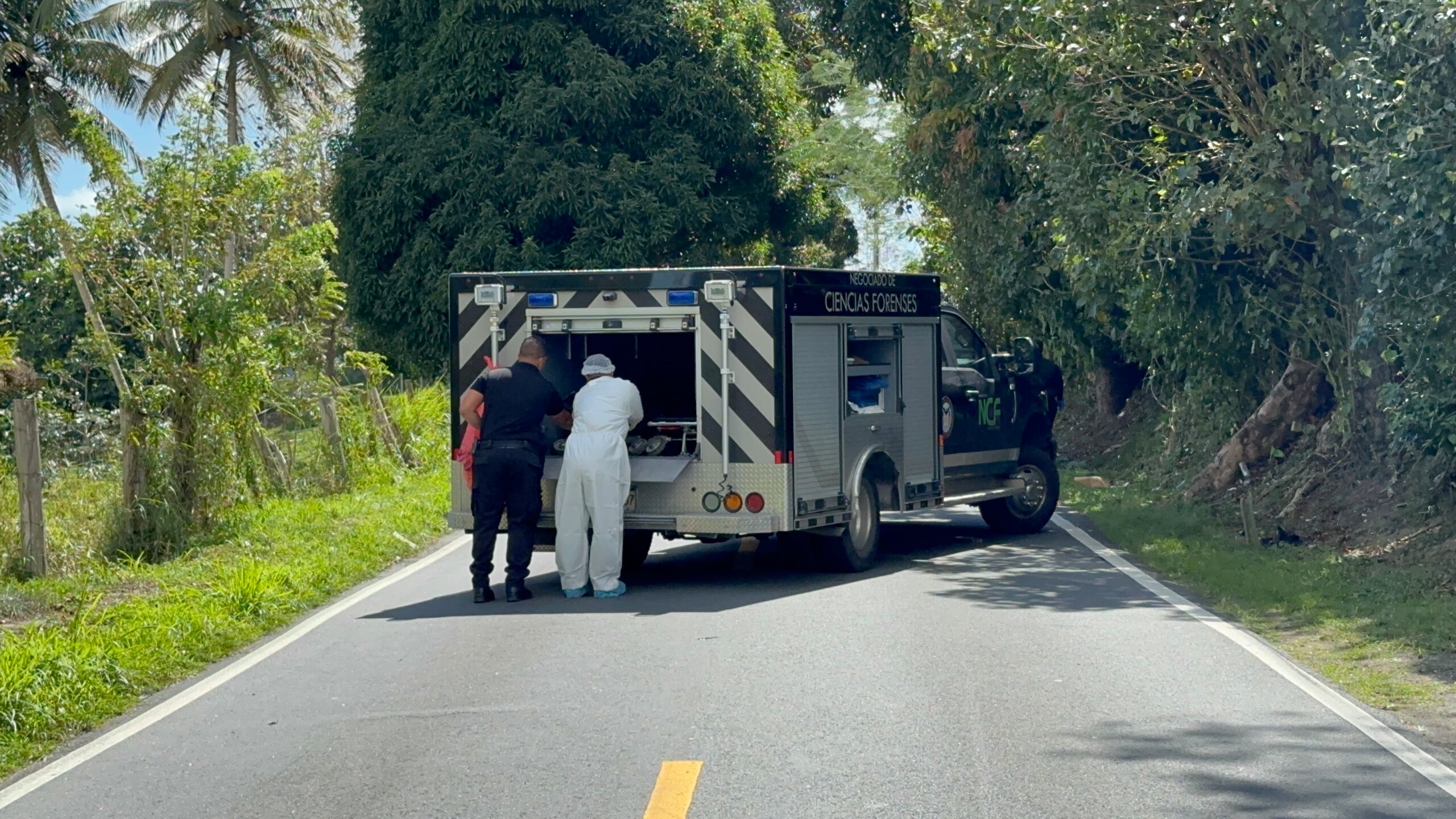 Momento en que funcionarios de Ciencias Forenses levantaron el cuerpo de Ivette Vélez Flores de la escena del crimen, en la PR-183 en Juncos.