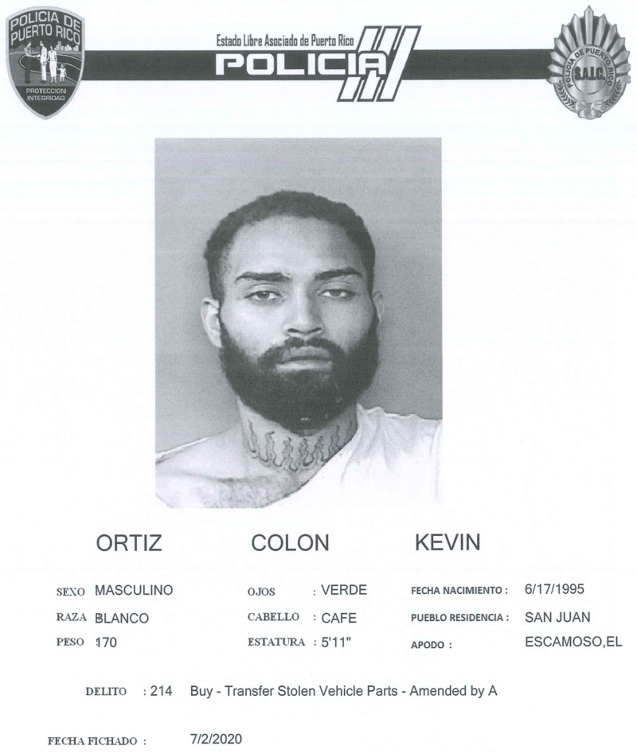 Ficha policíaca de Kevin Ortiz Colón, alias Pedro El Escamoso.