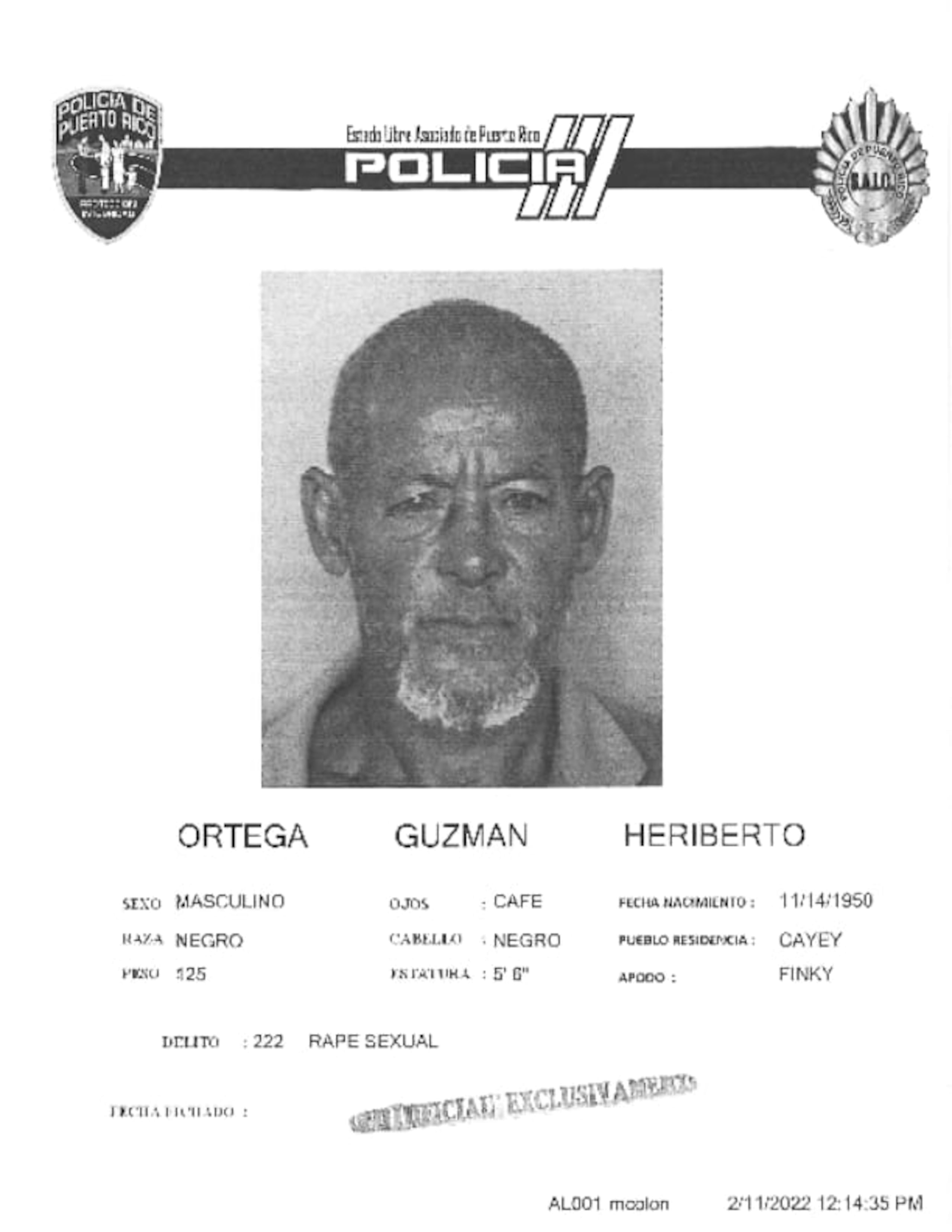 Heriberto Ortega Guzmán de 71 años.