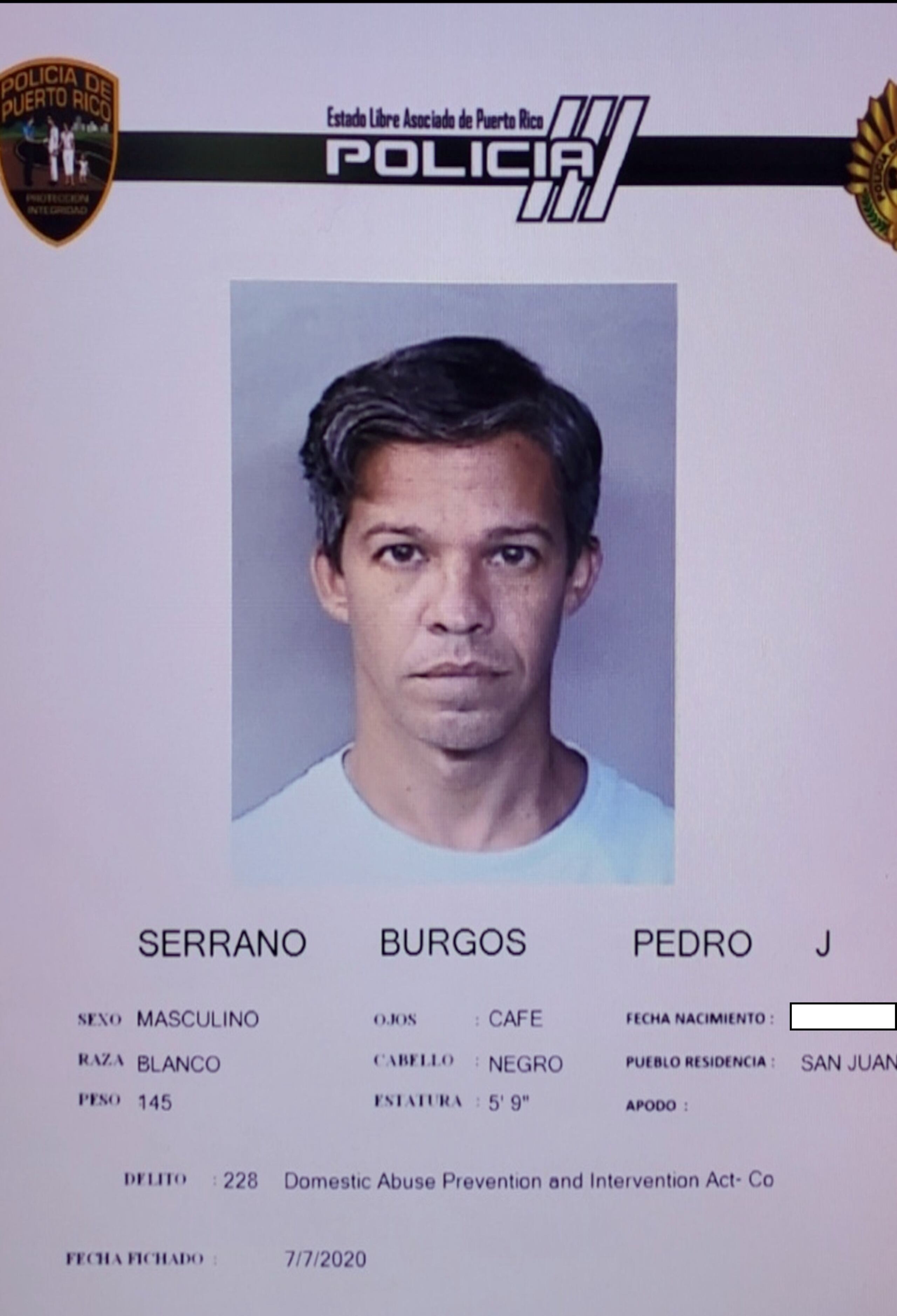 Foto del fichaje de Pedro Julio Serrano suministrada por el Negociado de la Policía. (Suministrada)