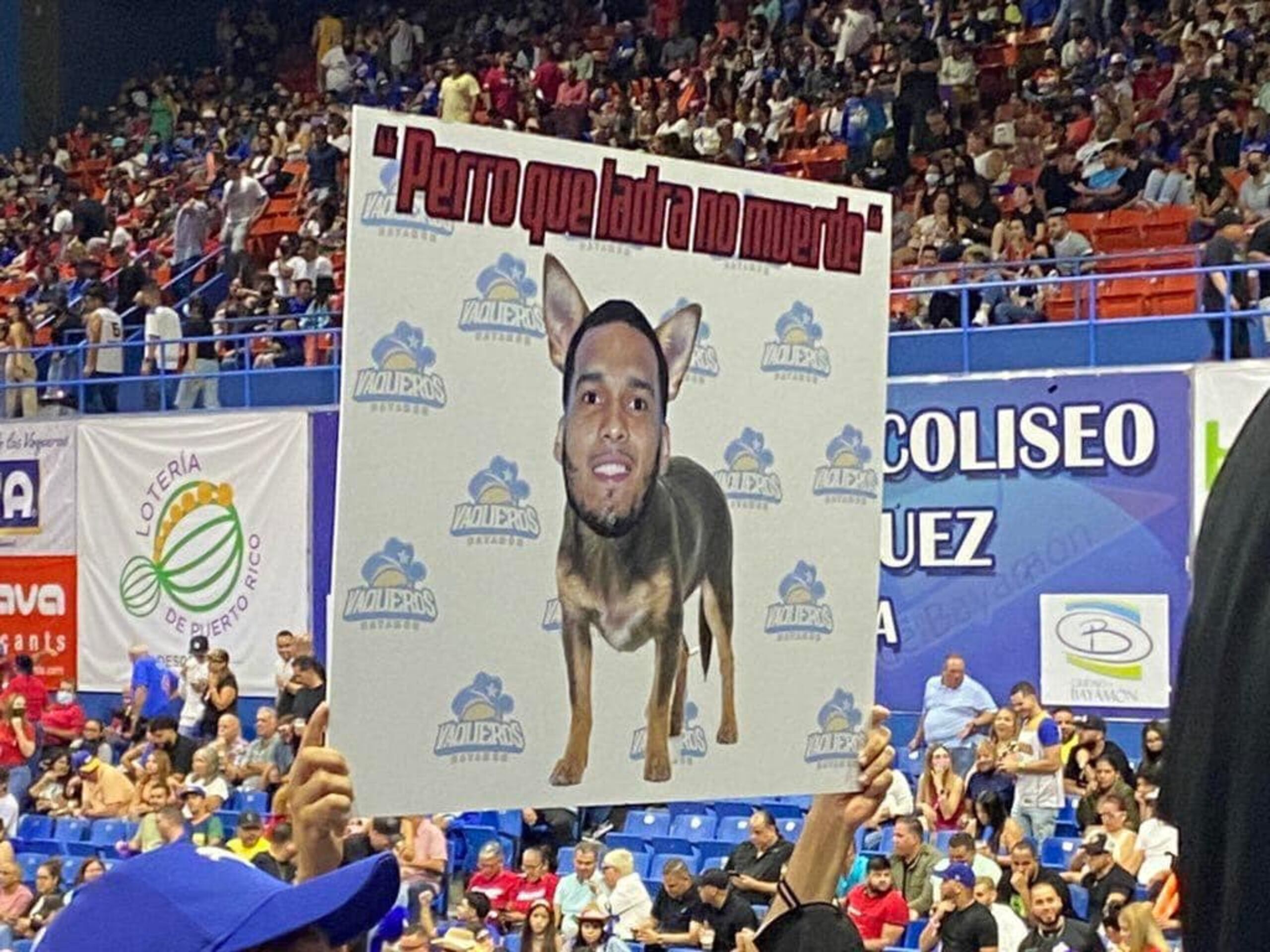 Uno de los carteles llevados por la fanaticada vaquera el viernes al coliseo Rubén Rodríguez.