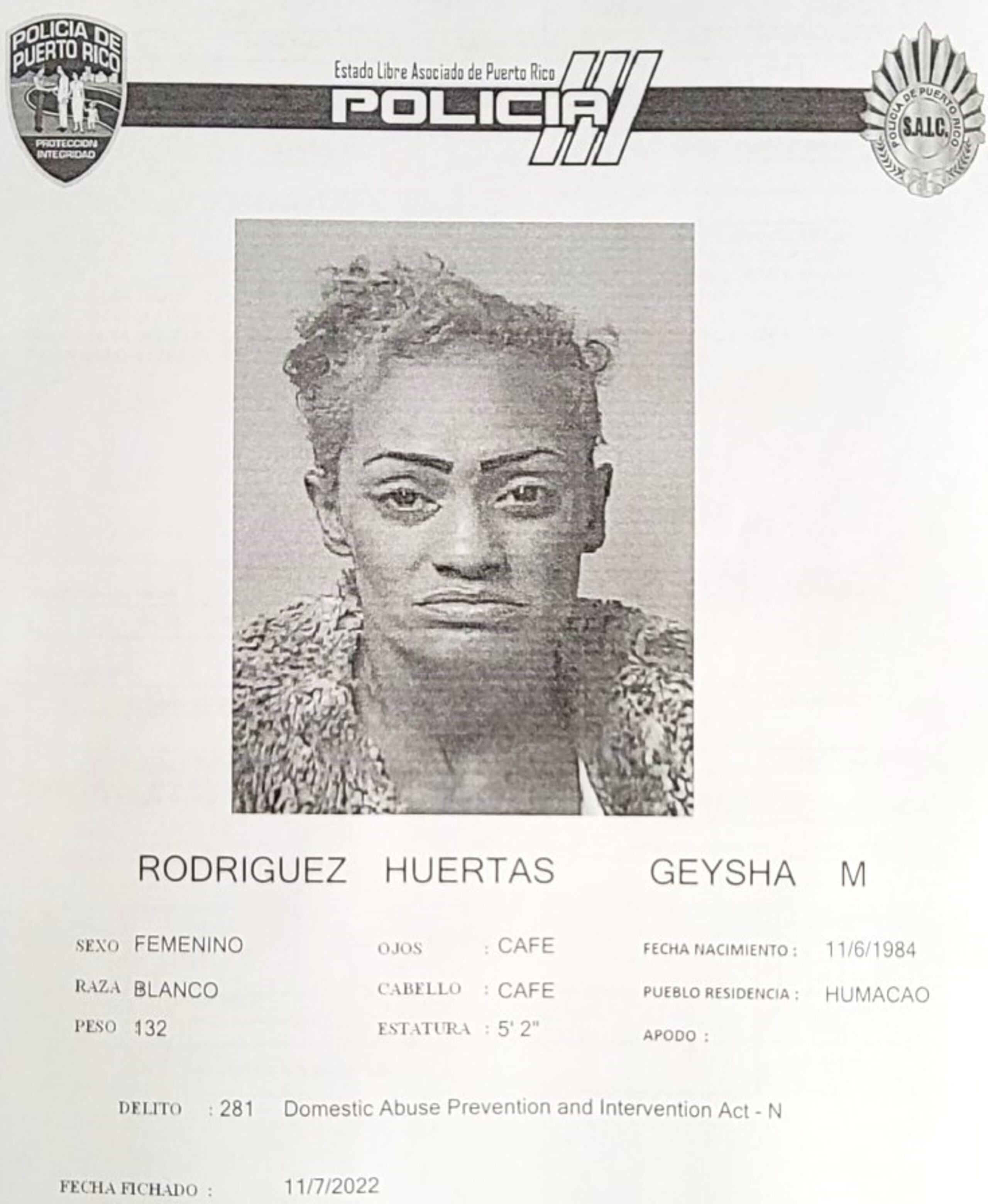 Geysha M. Rodríguez Huertas fue encarcelada al no prestar la fianza por violar en dos ocasiones una orden de protección.