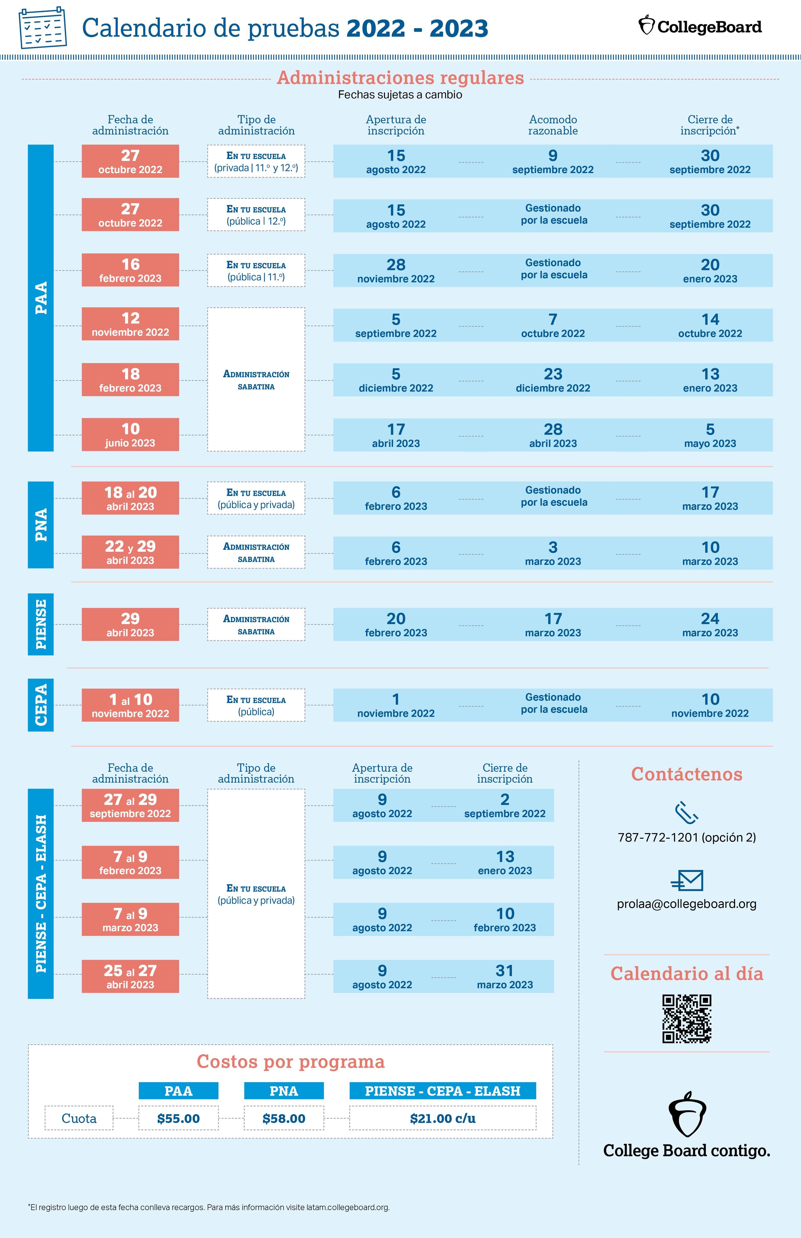 Calendario de pruebas 2022 - 2023