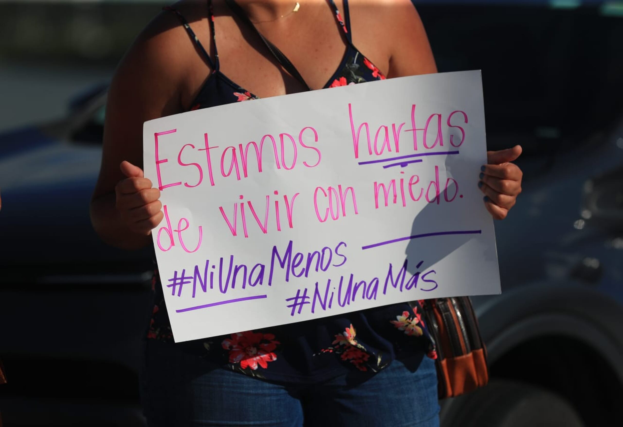 Una mujer sostiene una pancarta durante la manifestación de esta tarde en el puente Teodoro Moscoso.