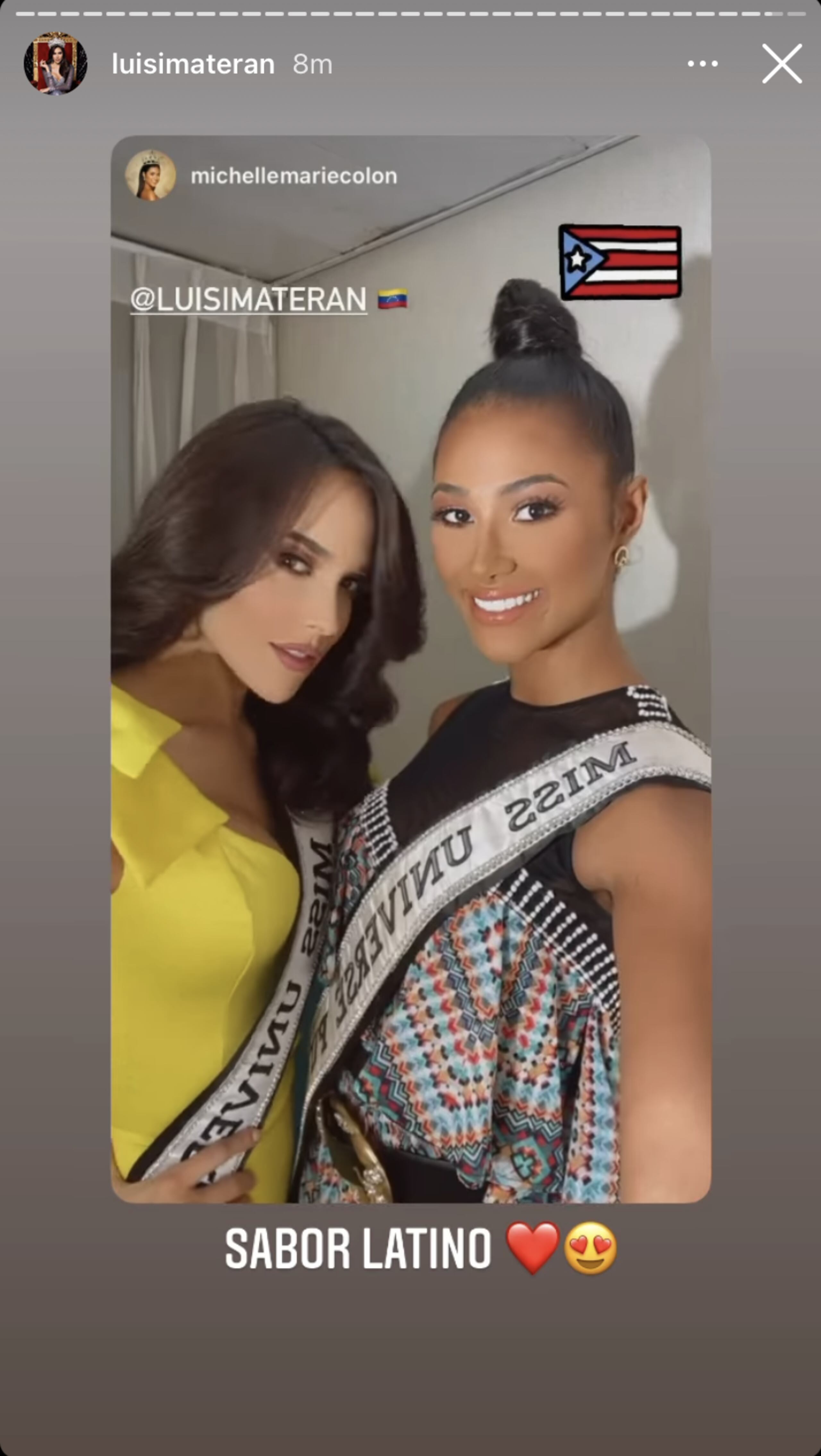 Miss Venezuela, Luiseth Materán, se mostró encantada con el "story" que compartió la Miss Universe Puerto Rico, Michelle Marie Colón Ramírez.