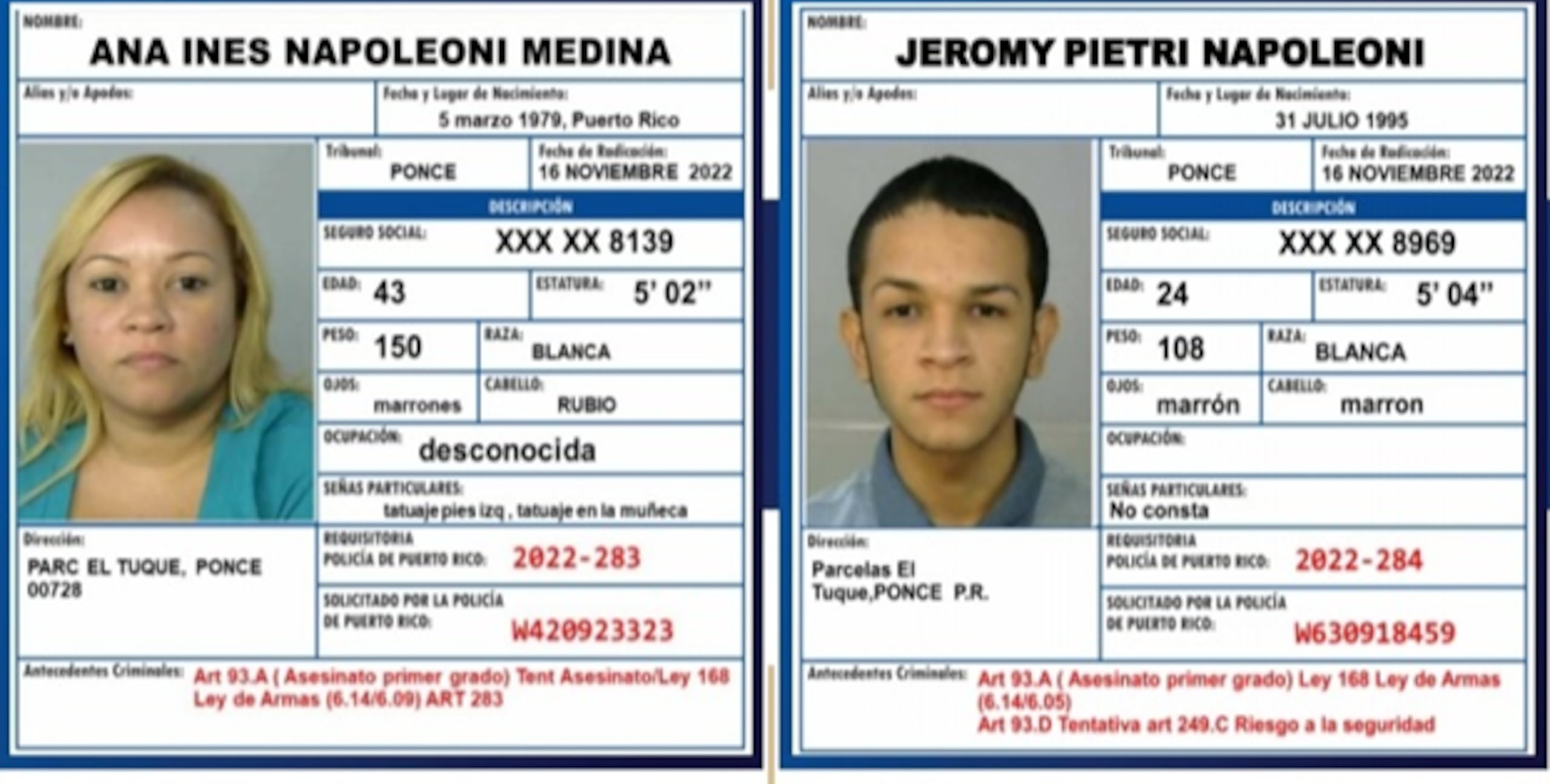 Fichas de Ana Inés Napoleoni Medina, de 43 años, y Jeromy Pietri Napoleoni, de 24 años.