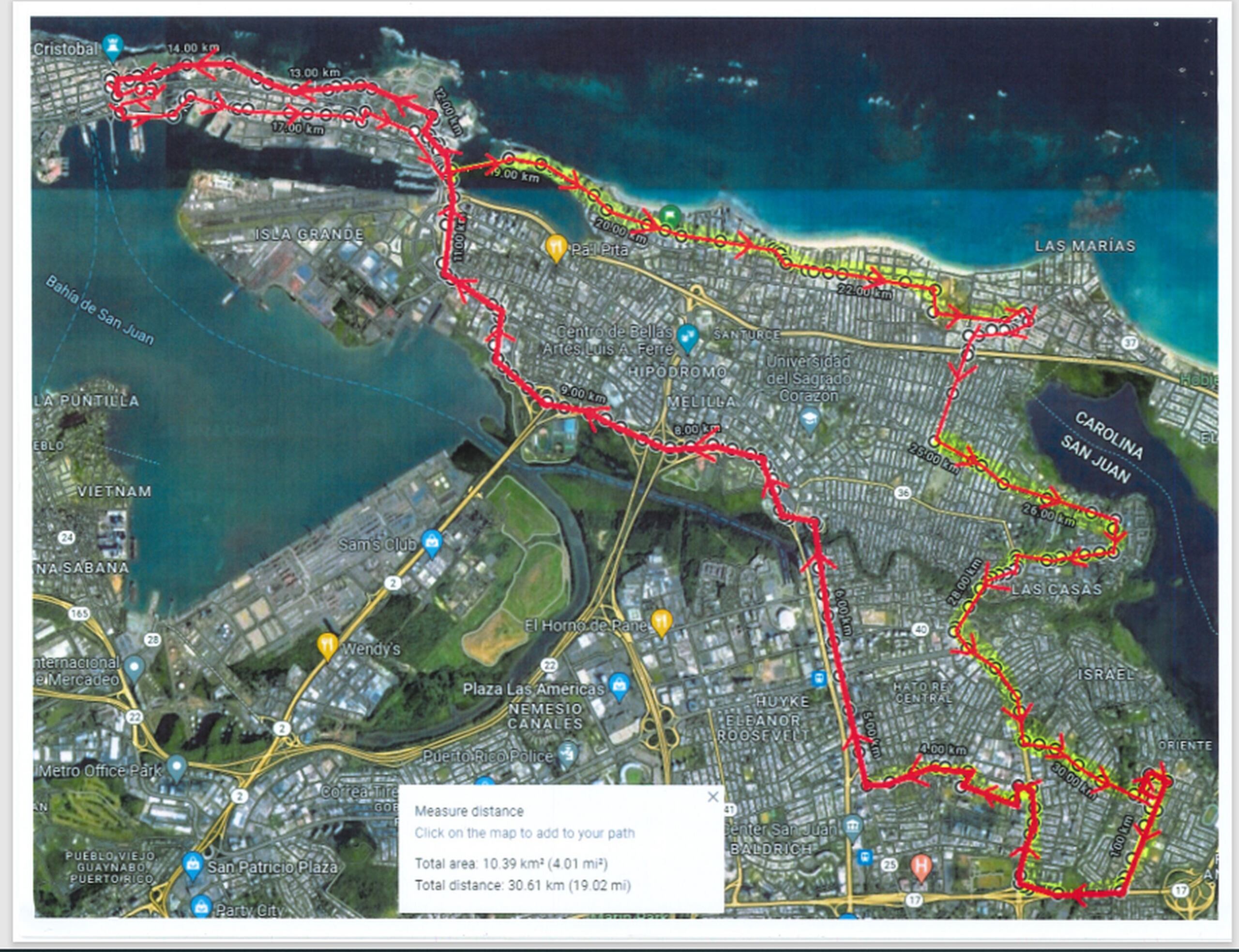 Mapa suministrado por el DTOP que muestra la ruta que tomará la caravana mañana, jueves.