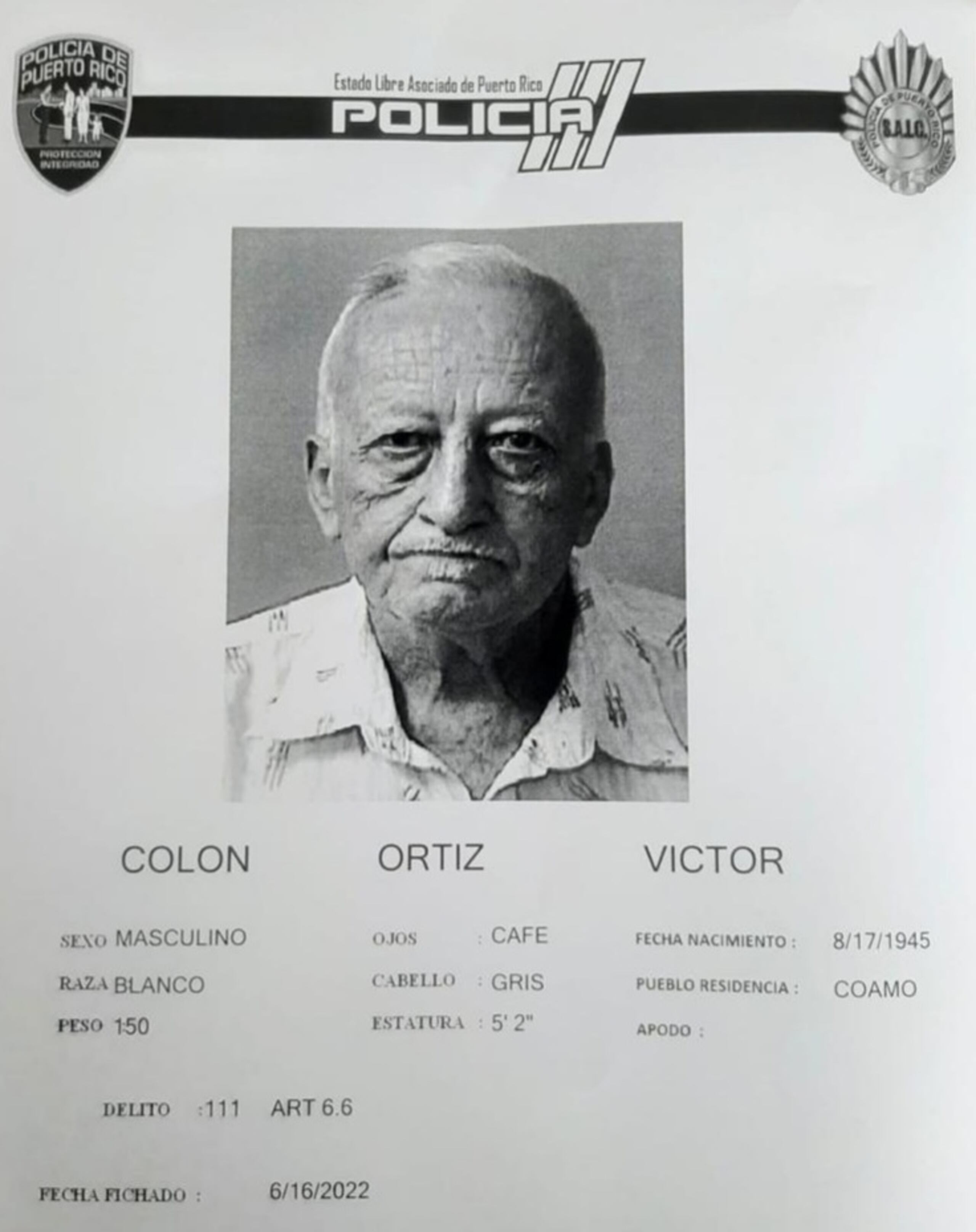 Ficha de Víctor Colón Ortiz de 76 años.