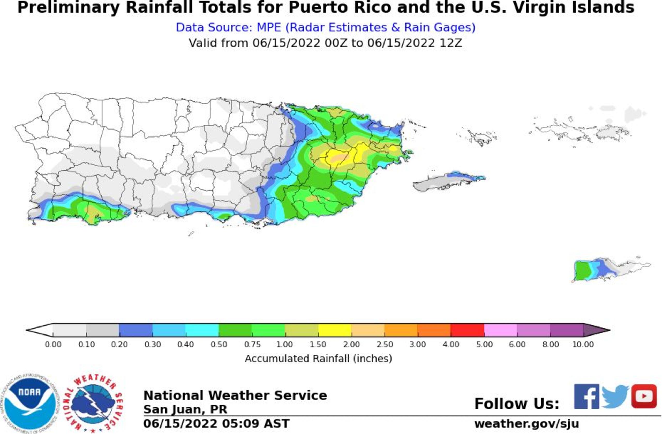 Acumulación de lluvia de 8:00 de la noche del 14 de junio y a las 5:00 de la madrugada del 15 de junio de 2022.