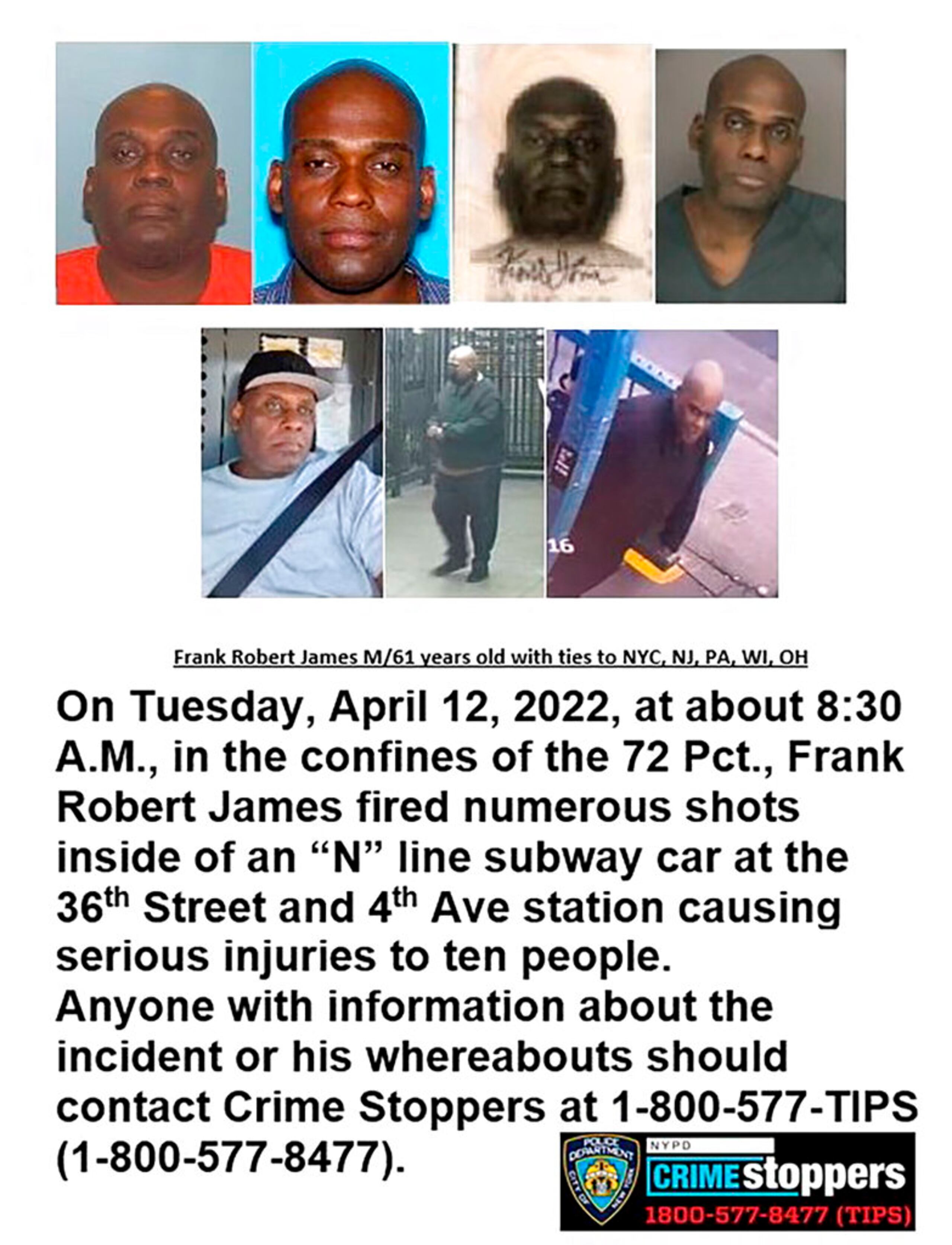 Esta imagen proporcionada por el Departamento de Policía de la ciudad de Nueva York muestra un boletín de Crime Stoppers que muestra fotos de Frank R. James, quien ha sido identificado por la policía como el arrendatario de una camioneta U-Haul posiblemente relacionada con el tiroteo en el metro de Brooklyn.