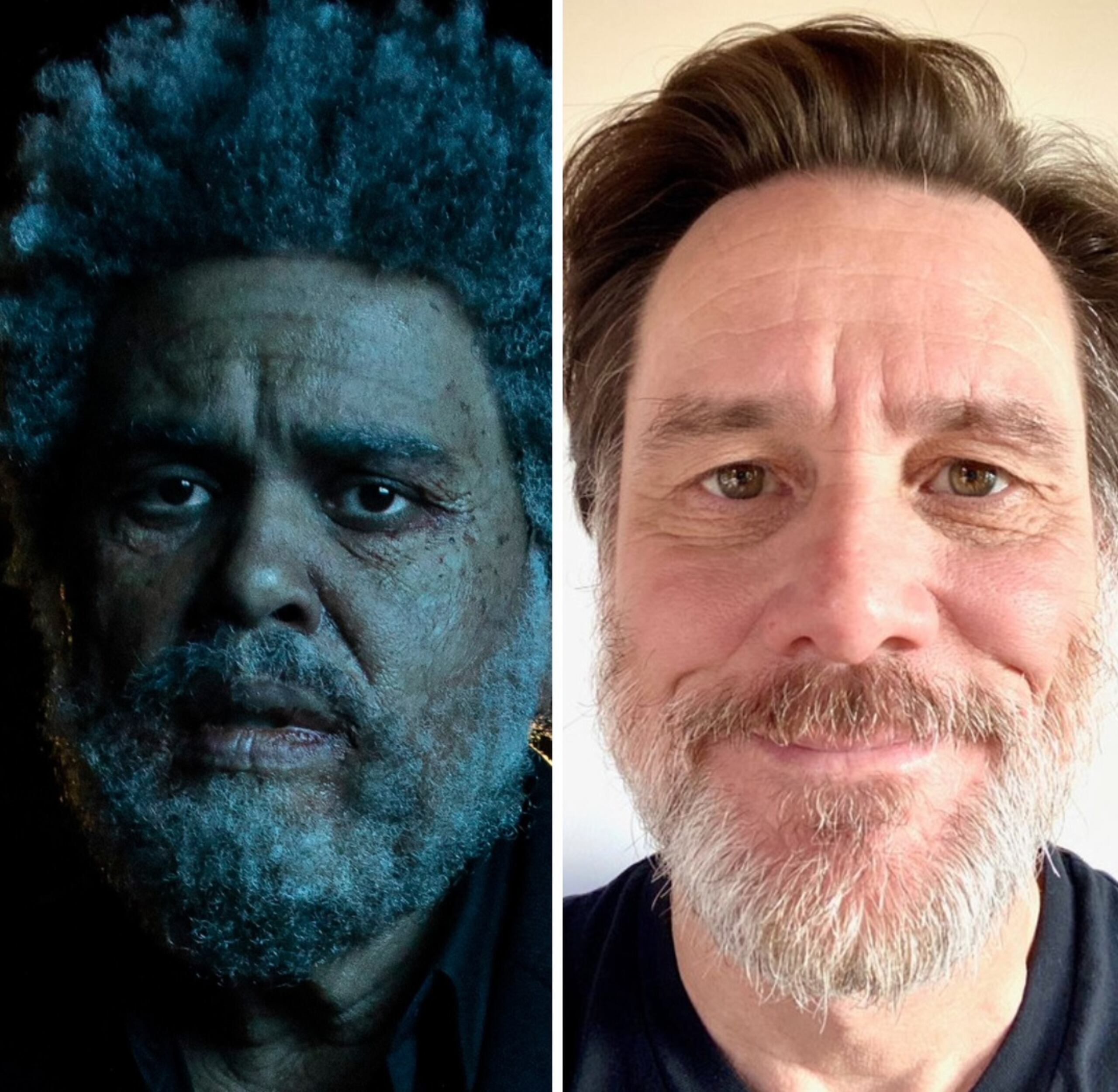 The Weeknd (a la izquierda) sorprendió a sus fanáticos con la inesperada invitación del comediante canadiense Jim Carrey (a la derecha) en su nuevo álbum musical Dawn FM. Carrey interpreta a un locutor de radio FM de los 80 que celebra a figuras como Michael Jackson y Prince.