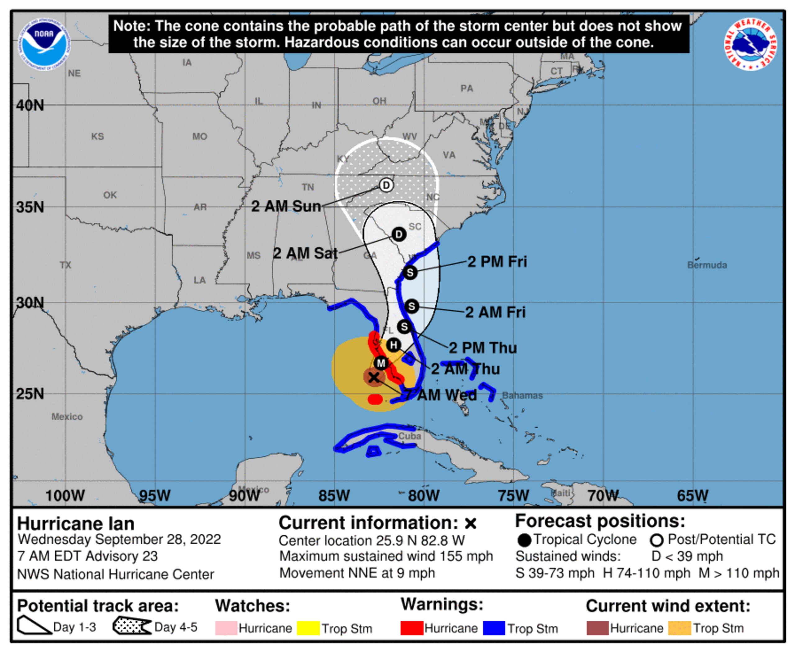 Pronóstico del huracán Ian emitido a las 7:00 de la mañana del 28 de septiembre de 2022.