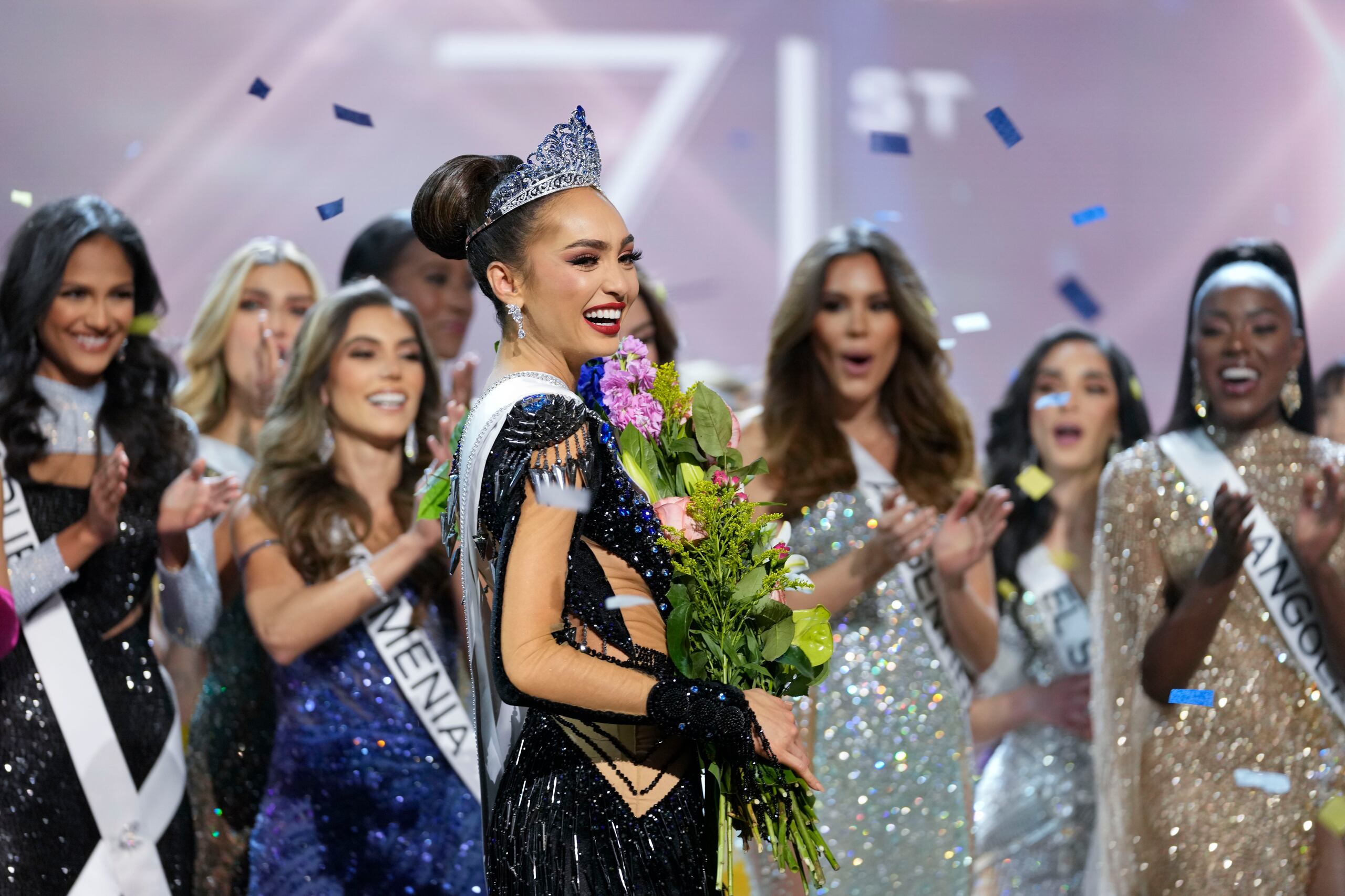 Miss USA R'Bonney Gabriel reacts after being crowned Miss Universe at the 71st Miss Universe pageant, in New Orleans on Saturday, Jan. 14, 2023. (AP Photo/Gerald Herbert)