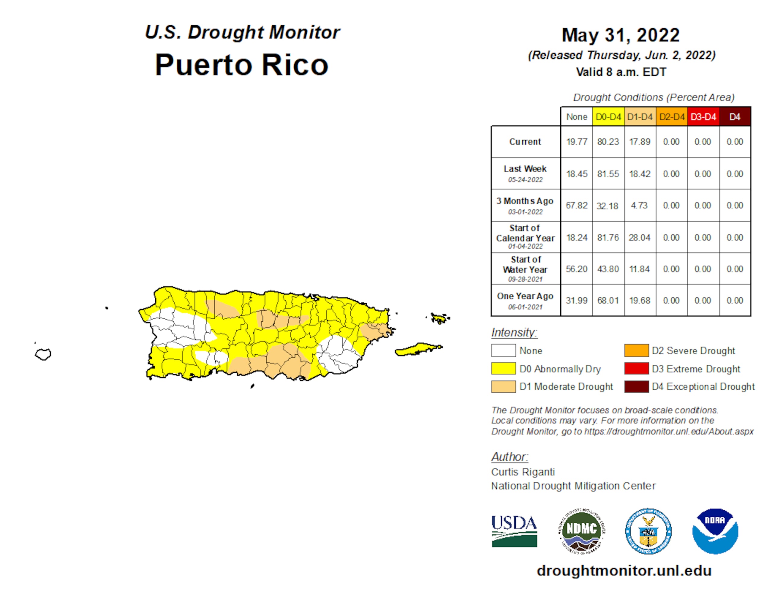 Sequía en Puerto Rico, según los datos del  31 de mayo de 2022, publicados el 2 de junio de 2022.