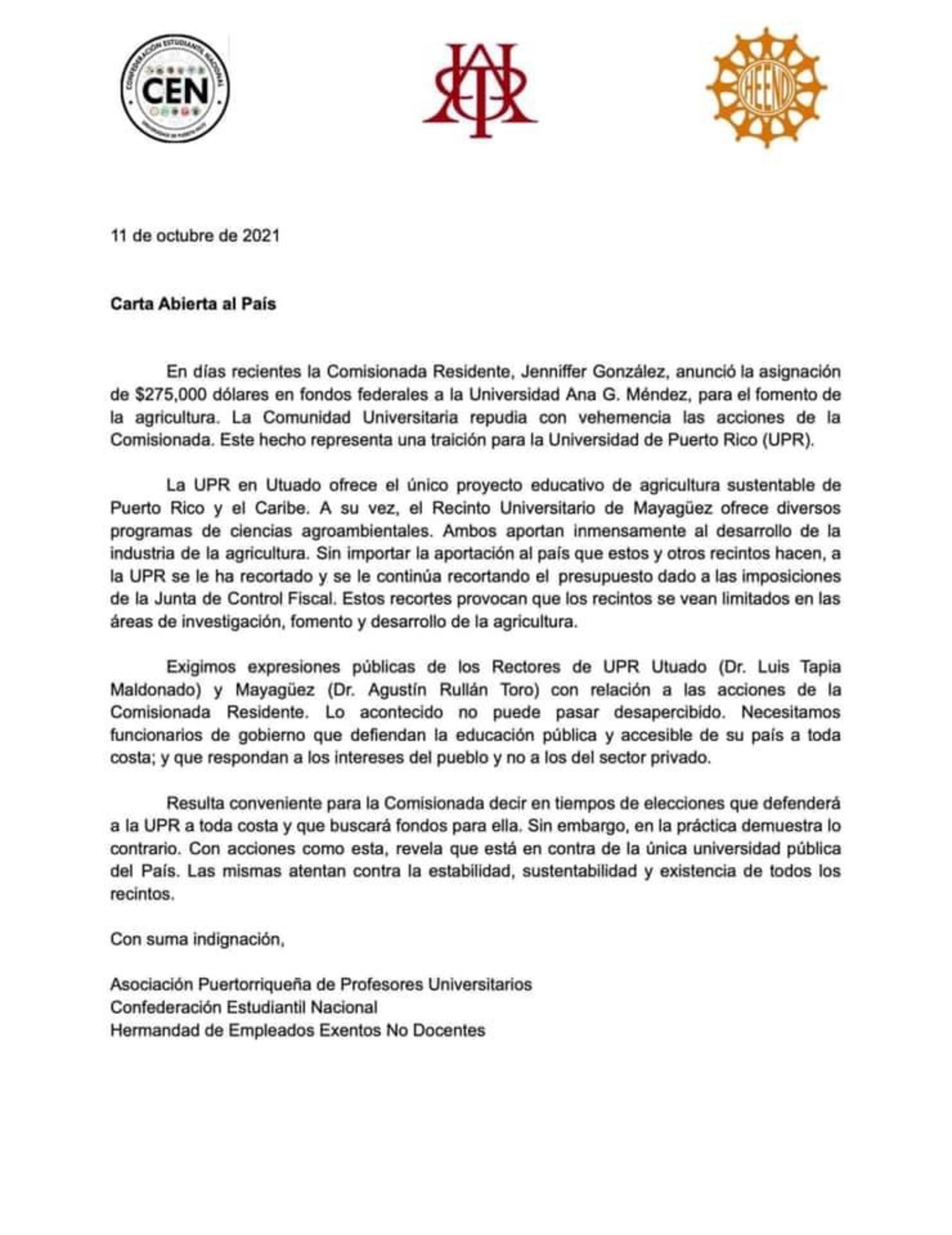 Tres asociaciones representativas de la comunidad universitaria catalogaron la asignación de $275,000 de fondos federales a la UAGM como “una traición” a la UPR.