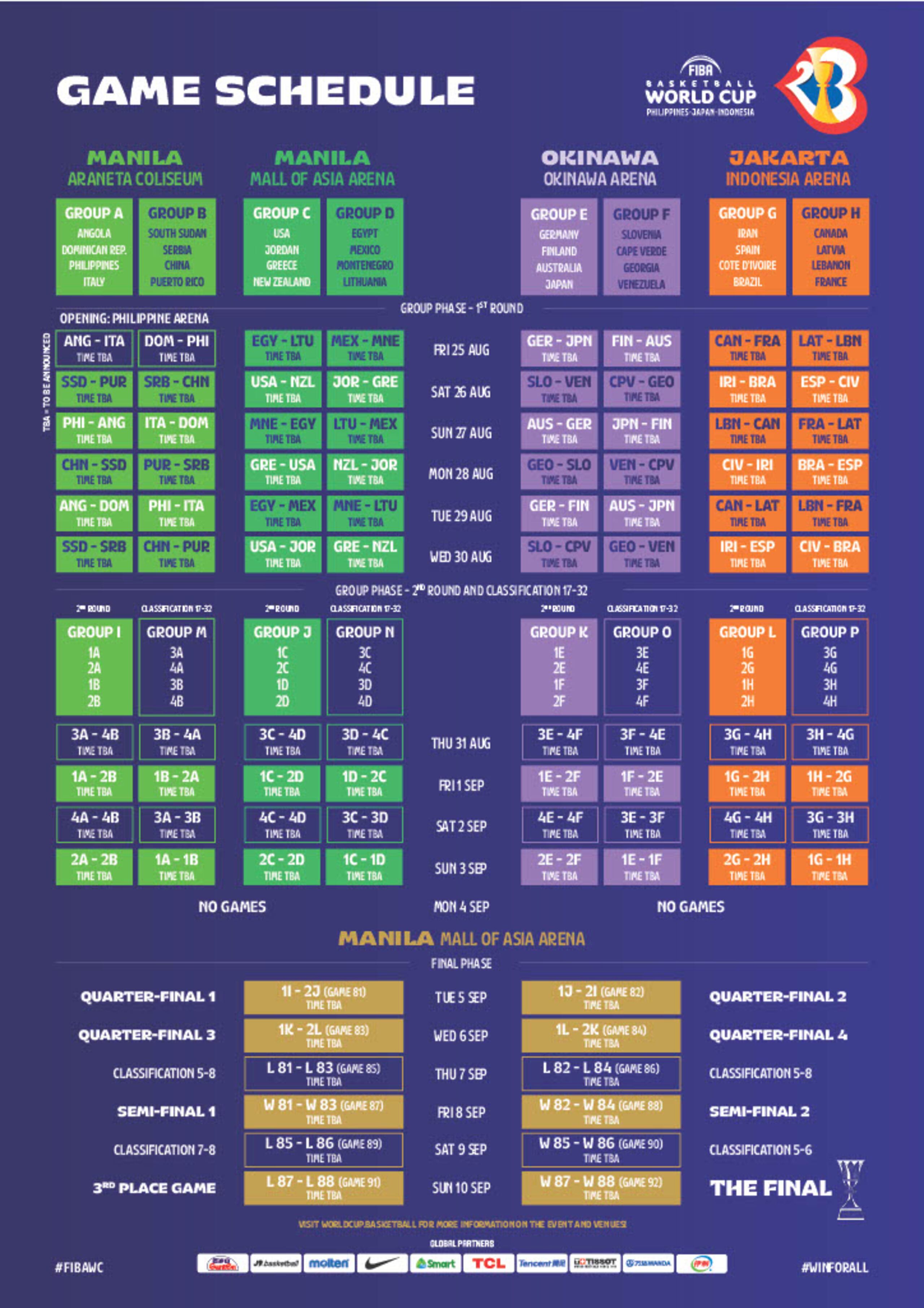 Calendario preliminar de la Copa del Mundo FIBA 2023.