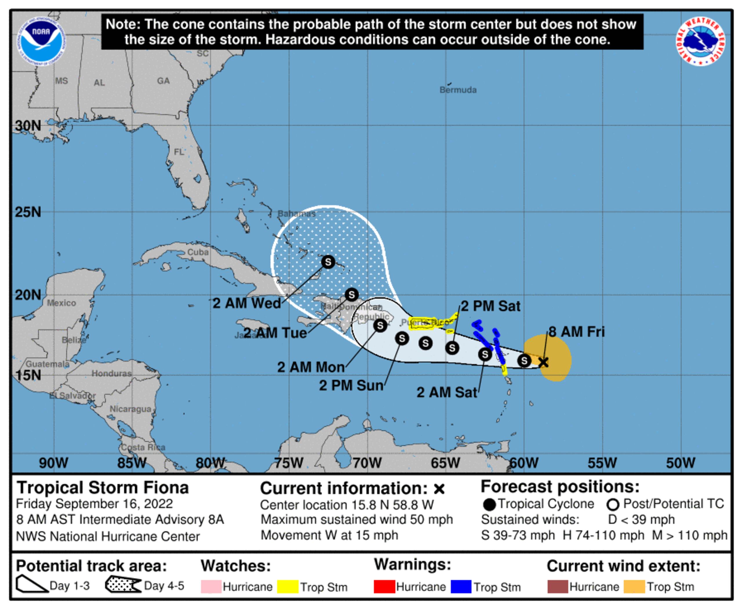 Pronóstico de la tormenta tropical Fiona emitido a las 8:00 de la mañana del 16 de septiembre de 2022.