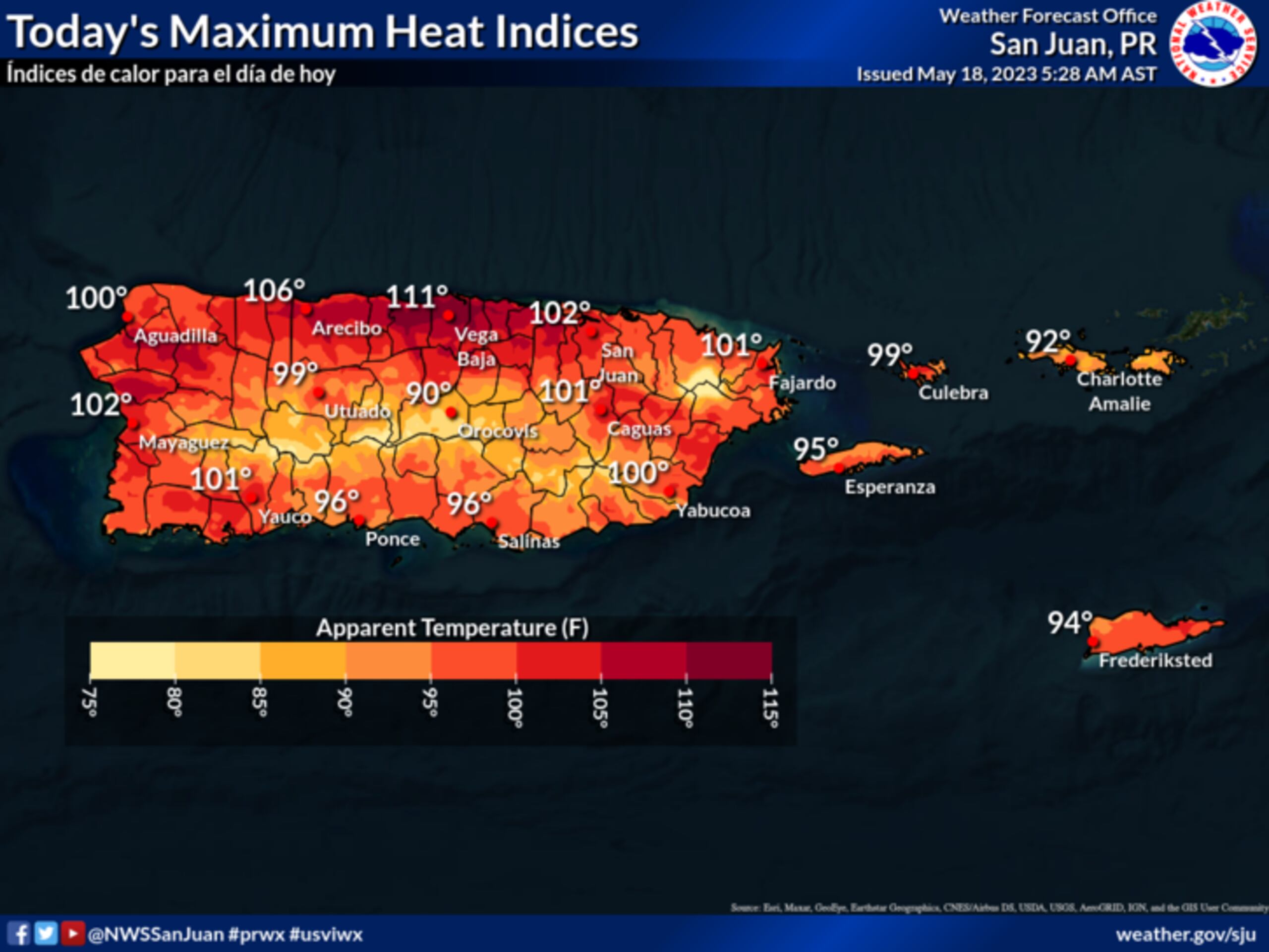 Pronóstico de índices de calor para este jueves.