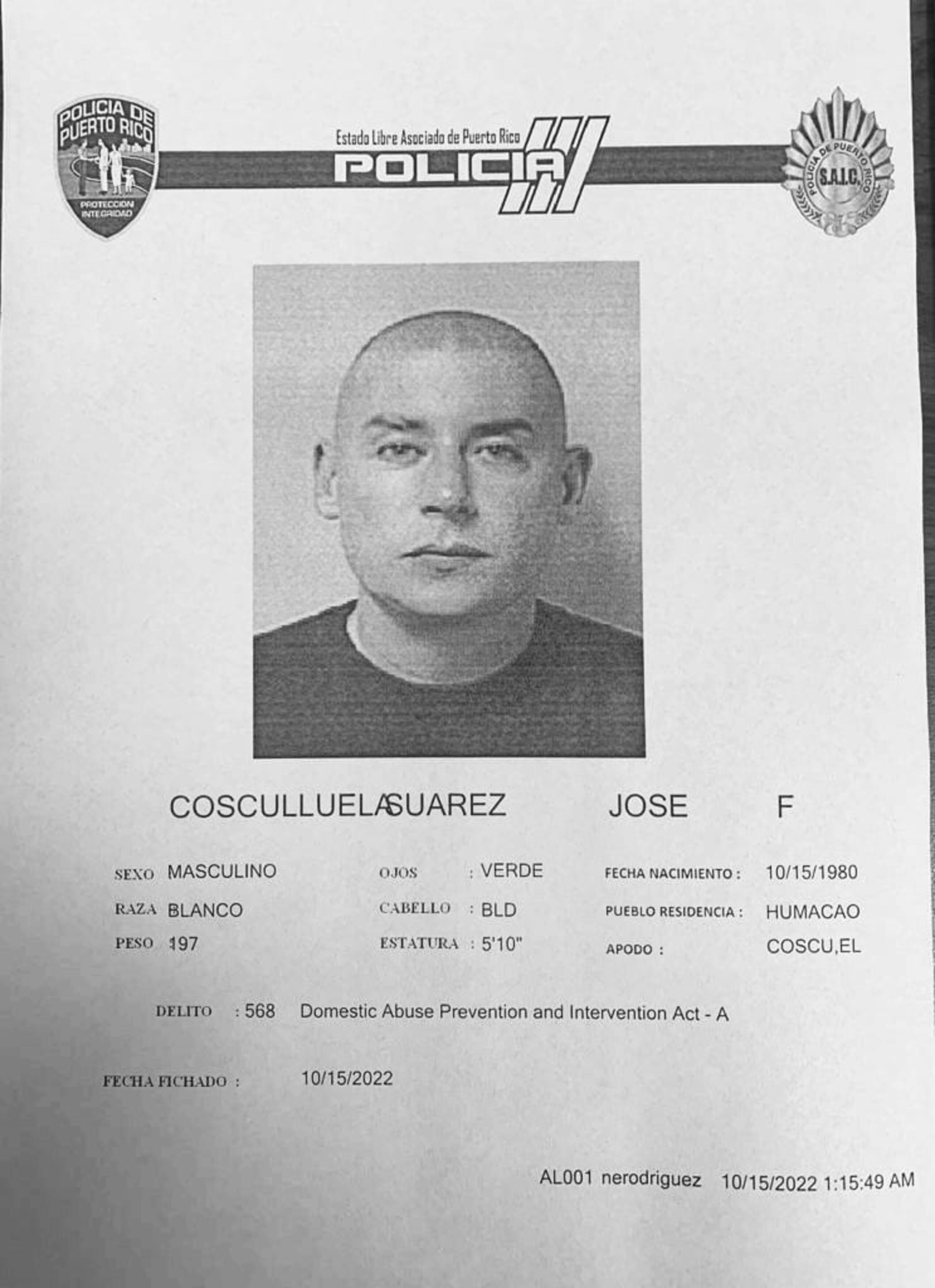 Ficha de José F. Cosculluela Suárez acusado por presuntamente someter a un patrón de violencia doméstica a su exesposa.