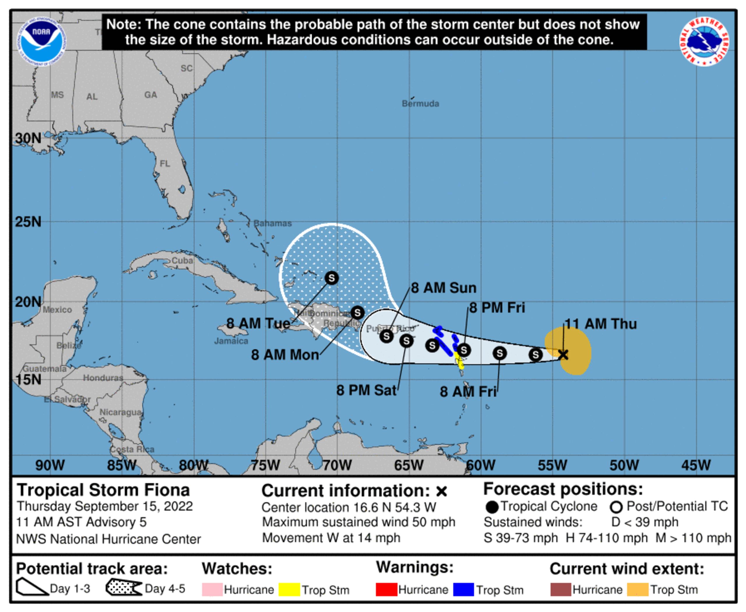 Trayectoria de Fiona a las 11 de la mañana del jueves 15 de septiembre. (NOAA)