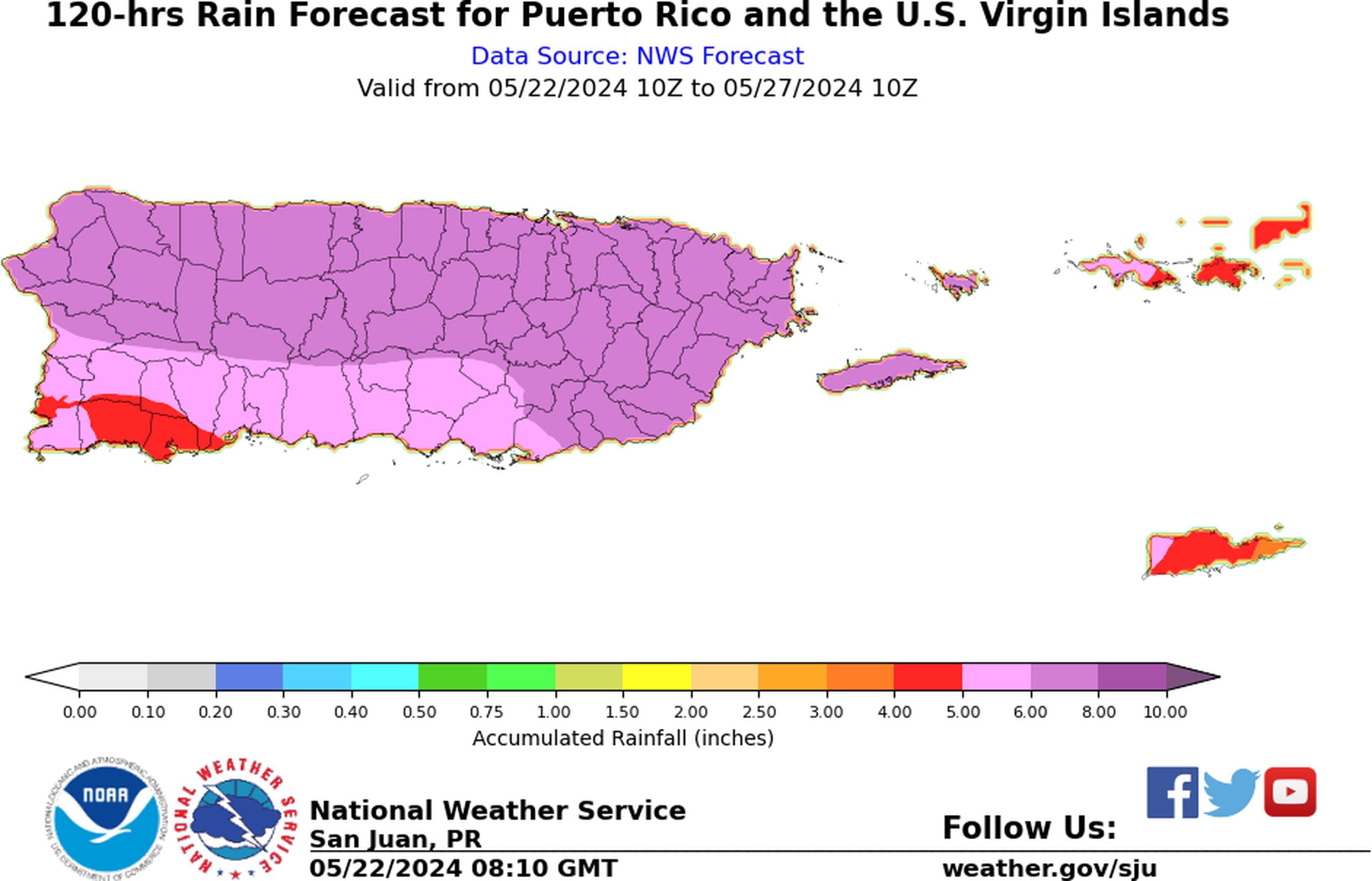 Pronóstico de lluvia para Puerto Rico del 22 al 27 de mayo de 2024.