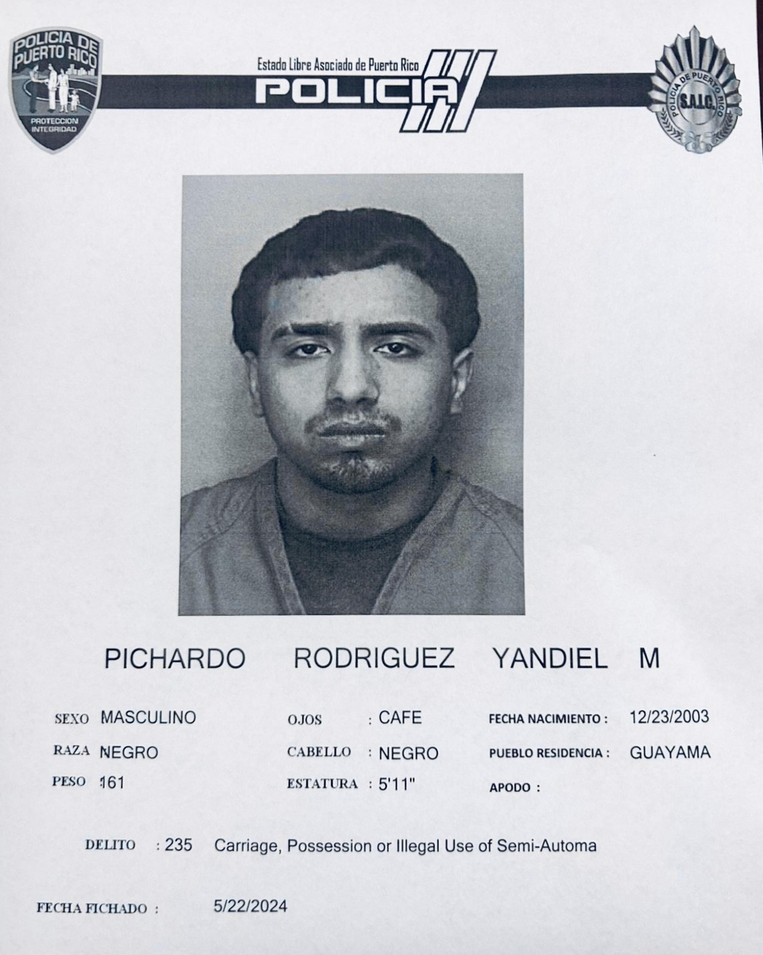 Yandiel M. Pichardo Rodríguez enfrenta cargos por asesinato, violación a la Ley de Armas y destrucción de evidencia, entre otros delitos.
