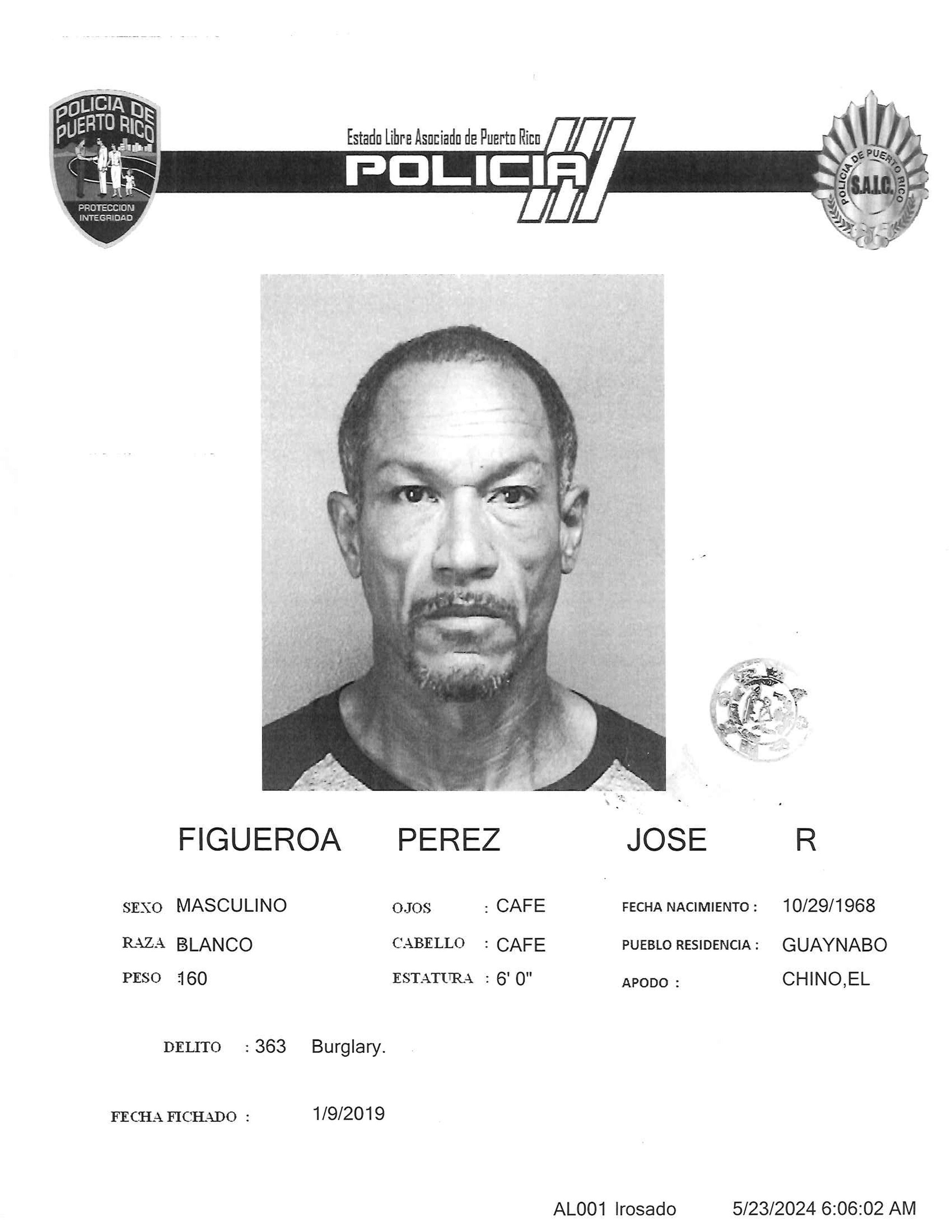 Ficha policíaca de José Raúl Figueroa Pérez.
