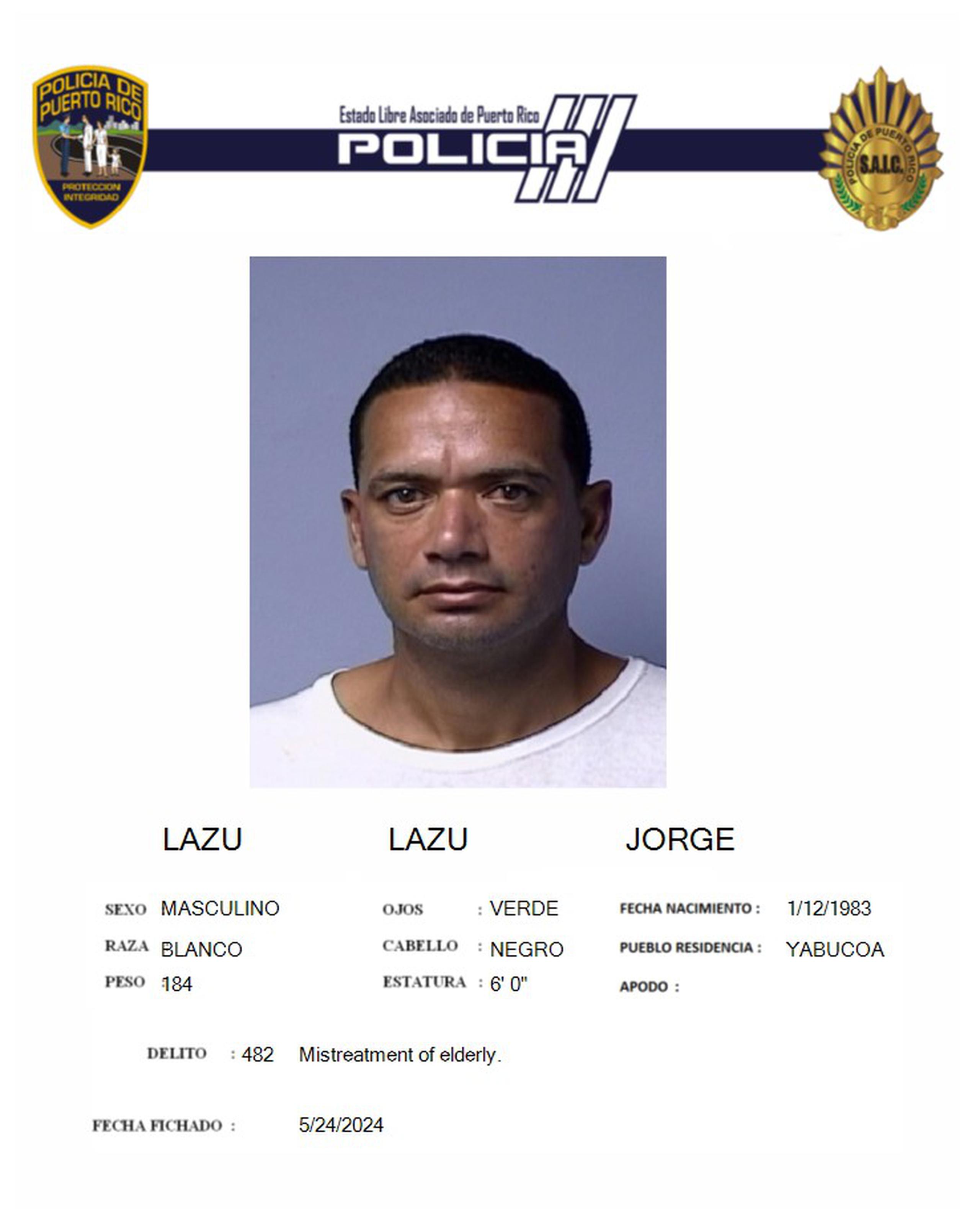 Ficha de Jorge Lazú Lazú, de 41 años y residente de Yabucoa.