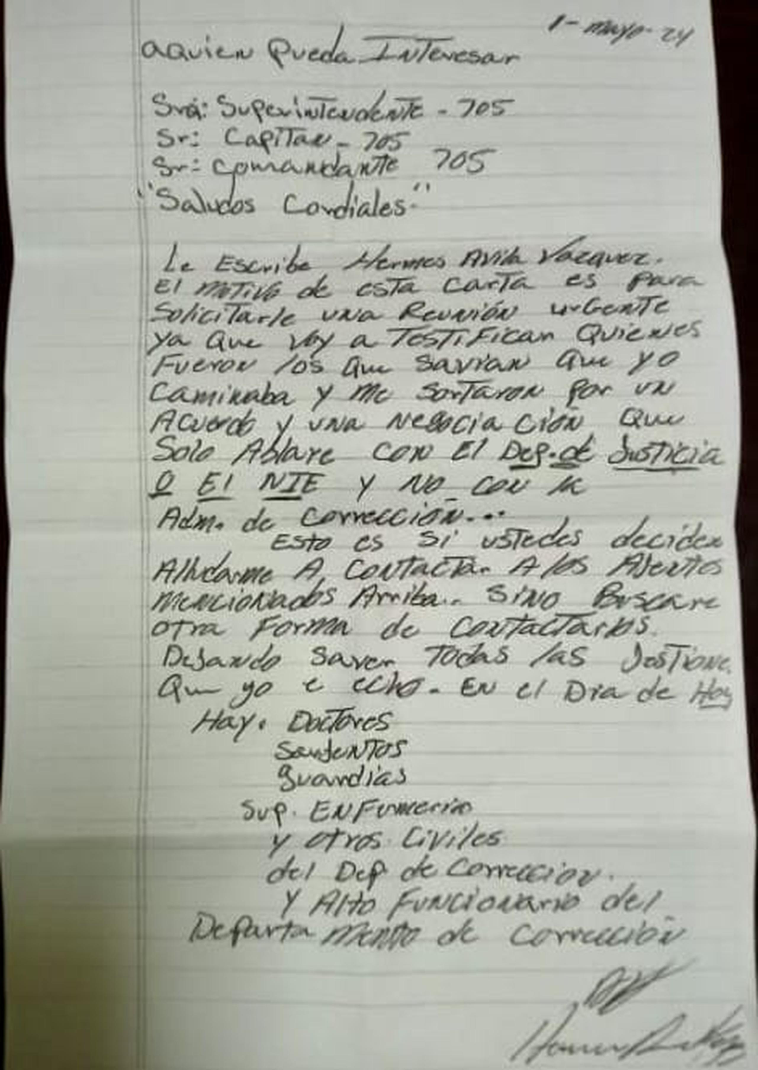 El exsenador Carlos Díaz Sánchez reveló una carta en la que el convicto Hernes Ávila Vázquez está dispuesto a testificar contra los empleados de la Administración de Corrección que sabían que caminaba.
