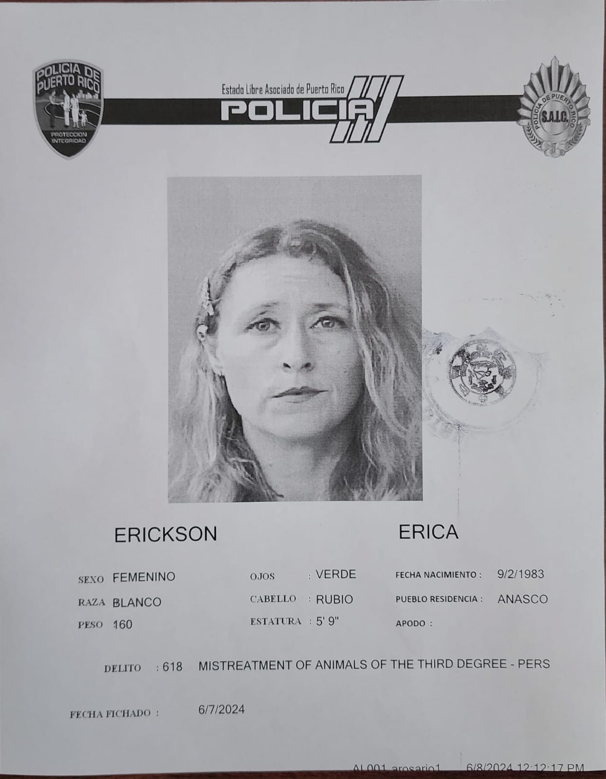 Fichaje de Erica Erickson, contra quien pesan 120 cargos por maltrato de animales.